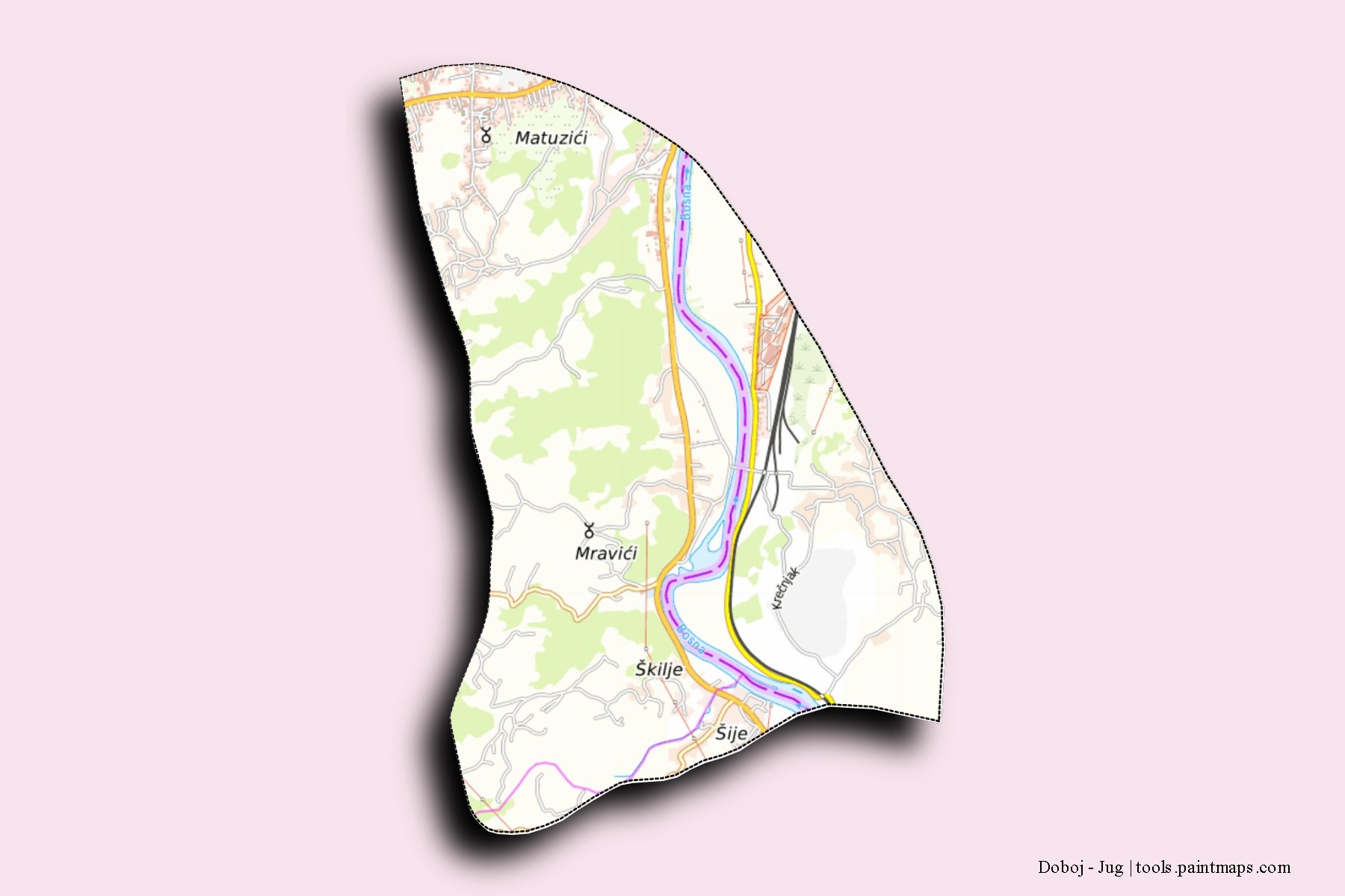 Mapa de barrios y pueblos de Doboj - Jug con efecto de sombra 3D