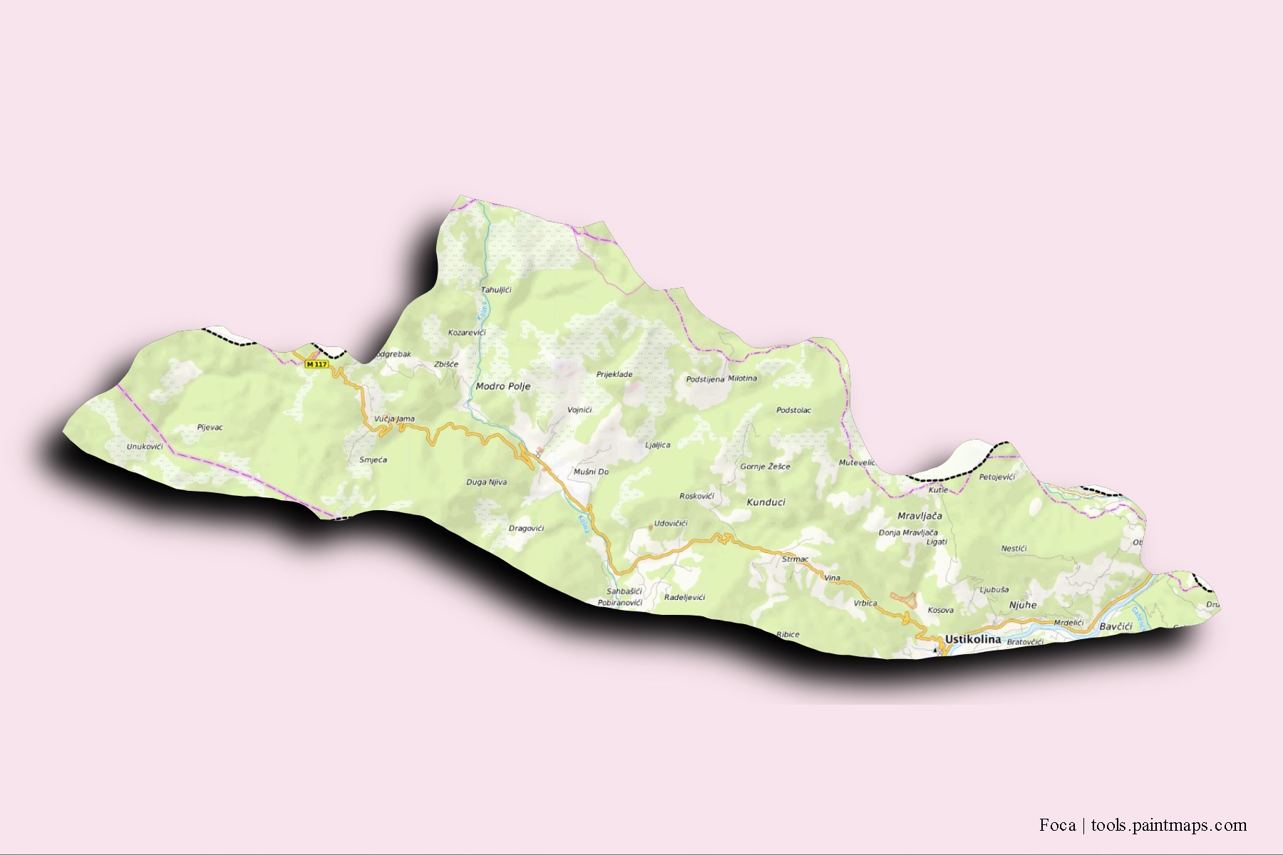 Mapa de barrios y pueblos de Foca con efecto de sombra 3D