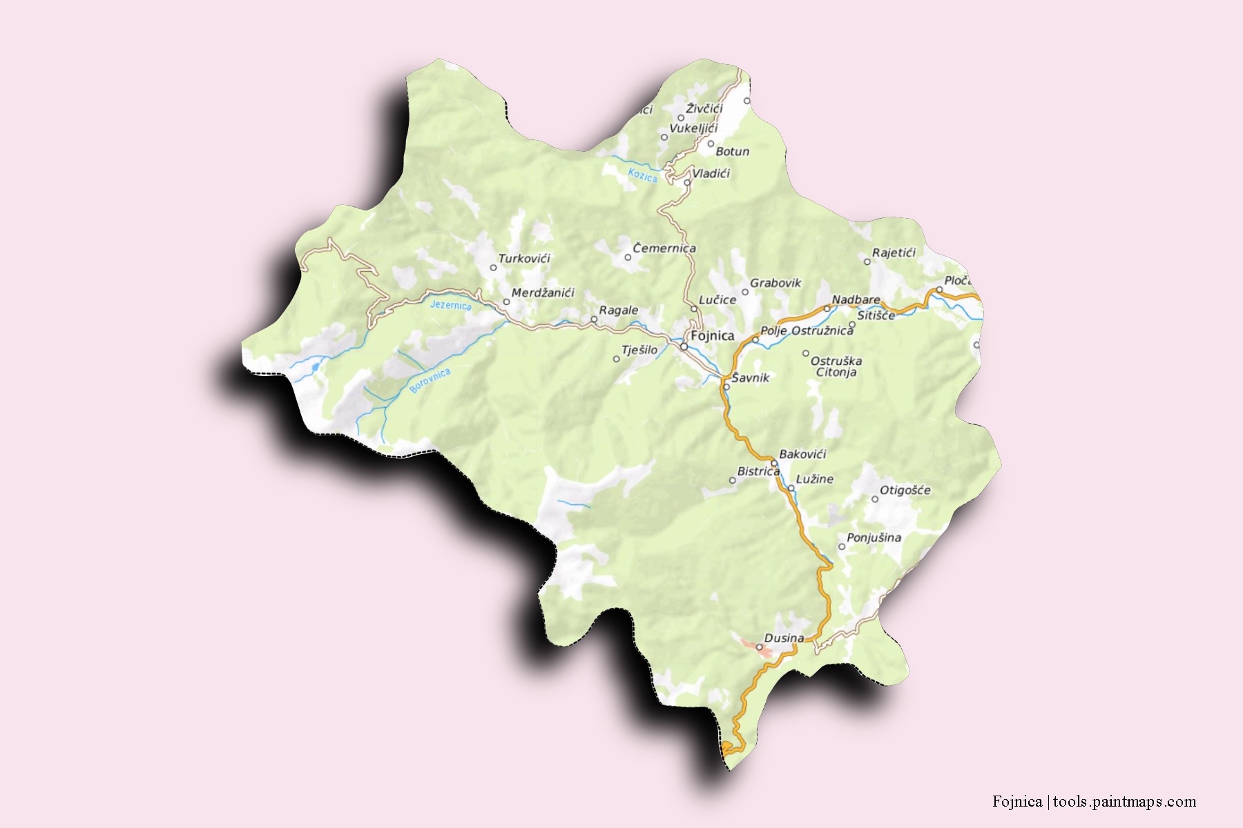 Fojnica neighborhoods and villages map with 3D shadow effect