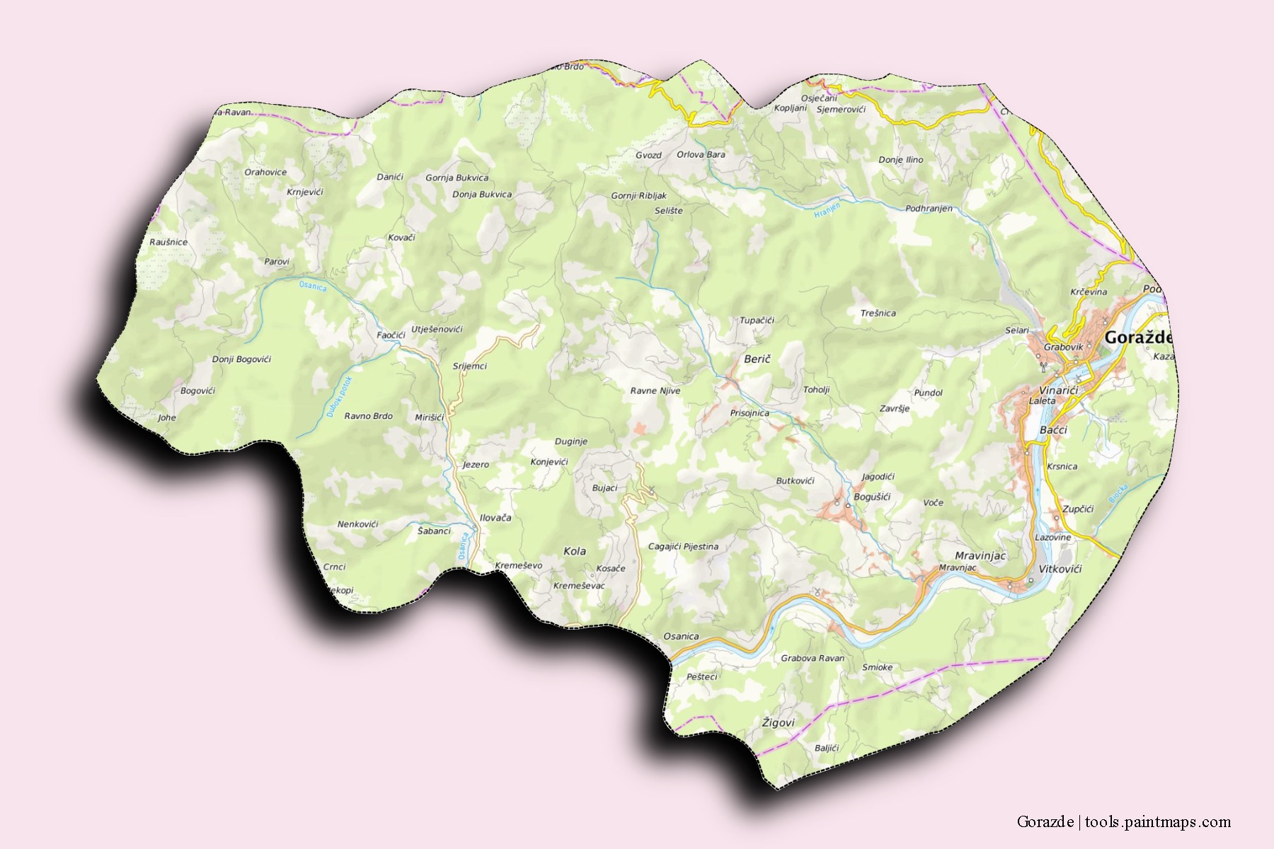 Gorazde neighborhoods and villages map with 3D shadow effect