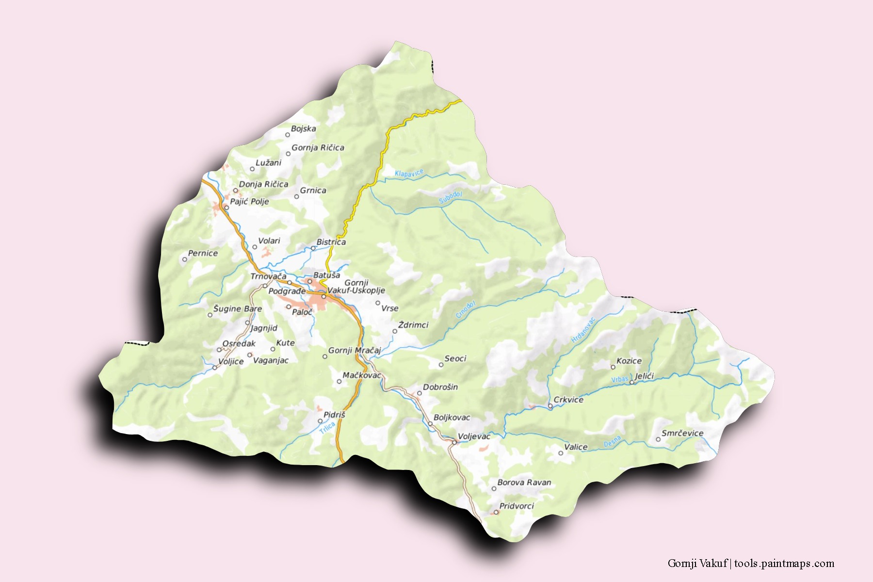 Mapa de barrios y pueblos de Gornji Vakuf con efecto de sombra 3D