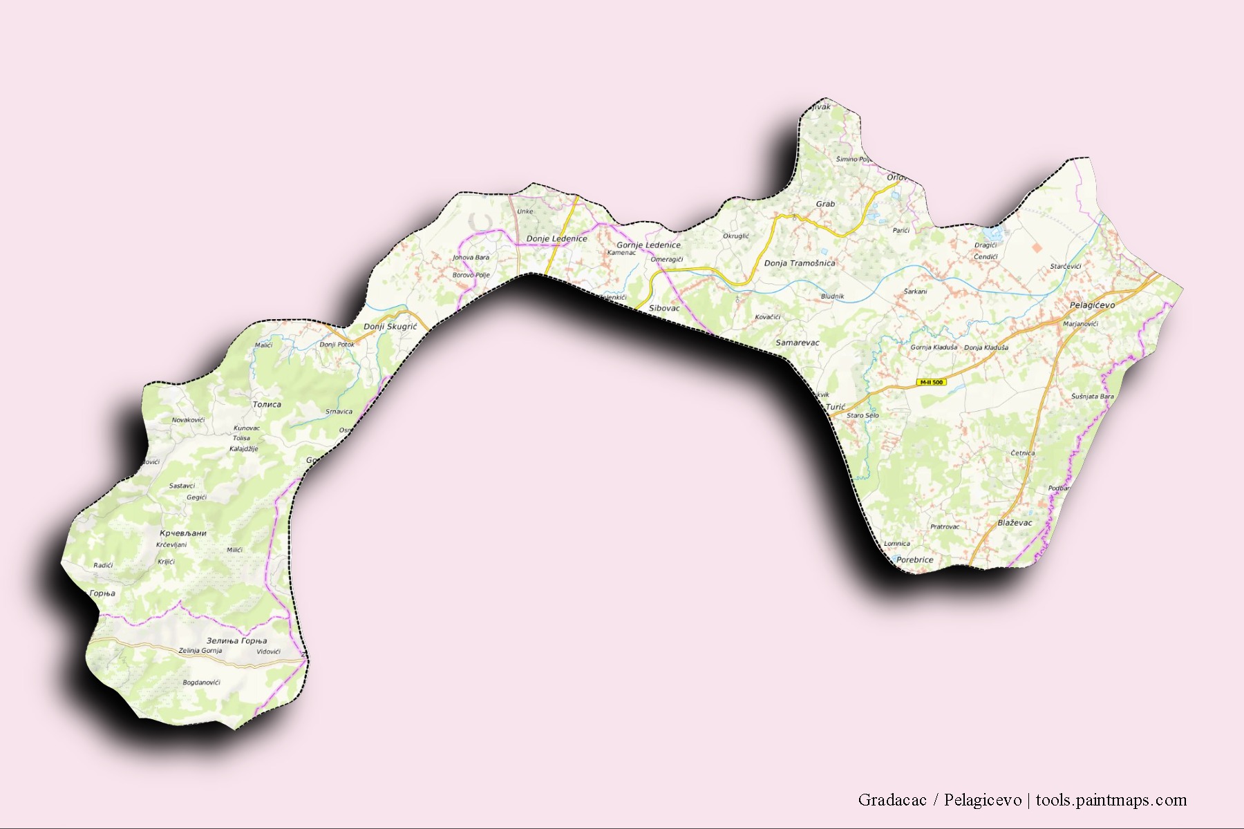 Mapa de barrios y pueblos de Gradacac / Pelagicevo con efecto de sombra 3D