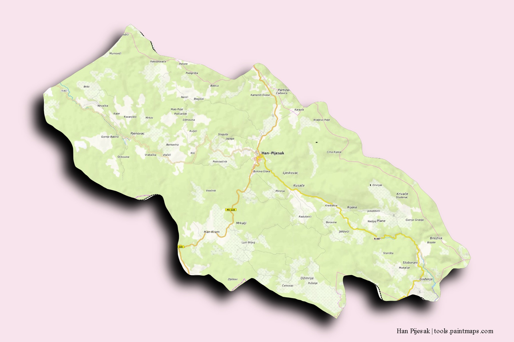 Mapa de barrios y pueblos de Han Pijesak con efecto de sombra 3D