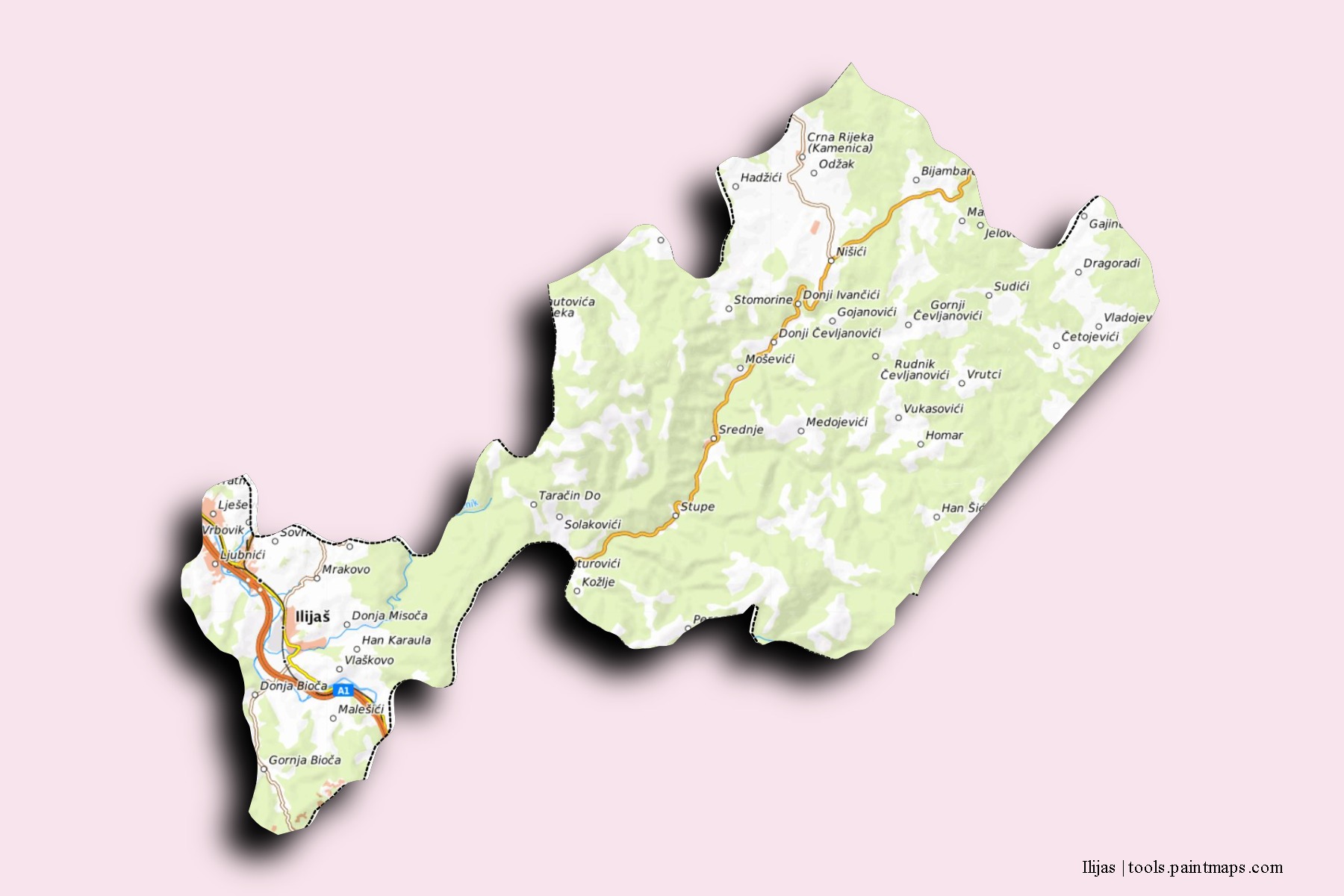 Mapa de barrios y pueblos de Ilijas con efecto de sombra 3D