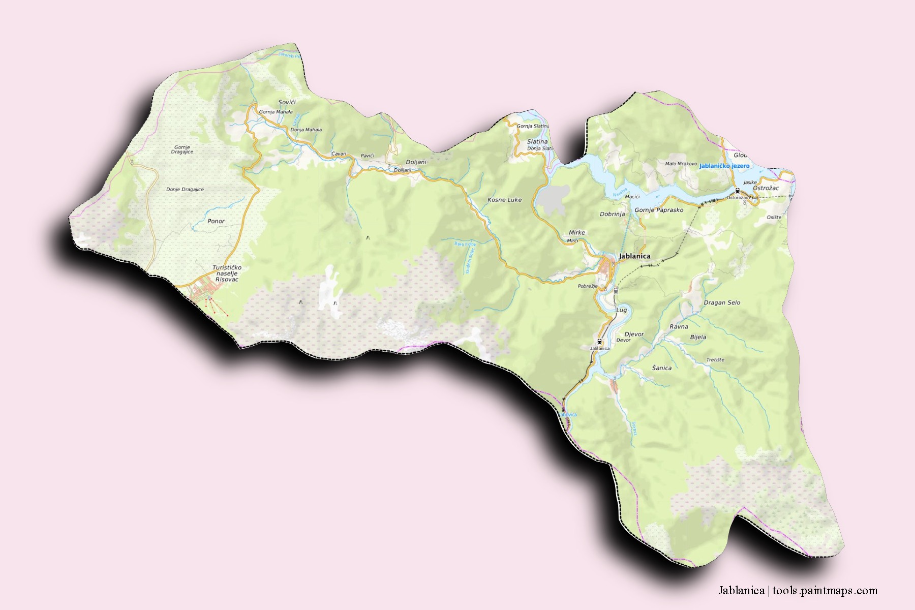 Mapa de barrios y pueblos de Jablanica con efecto de sombra 3D