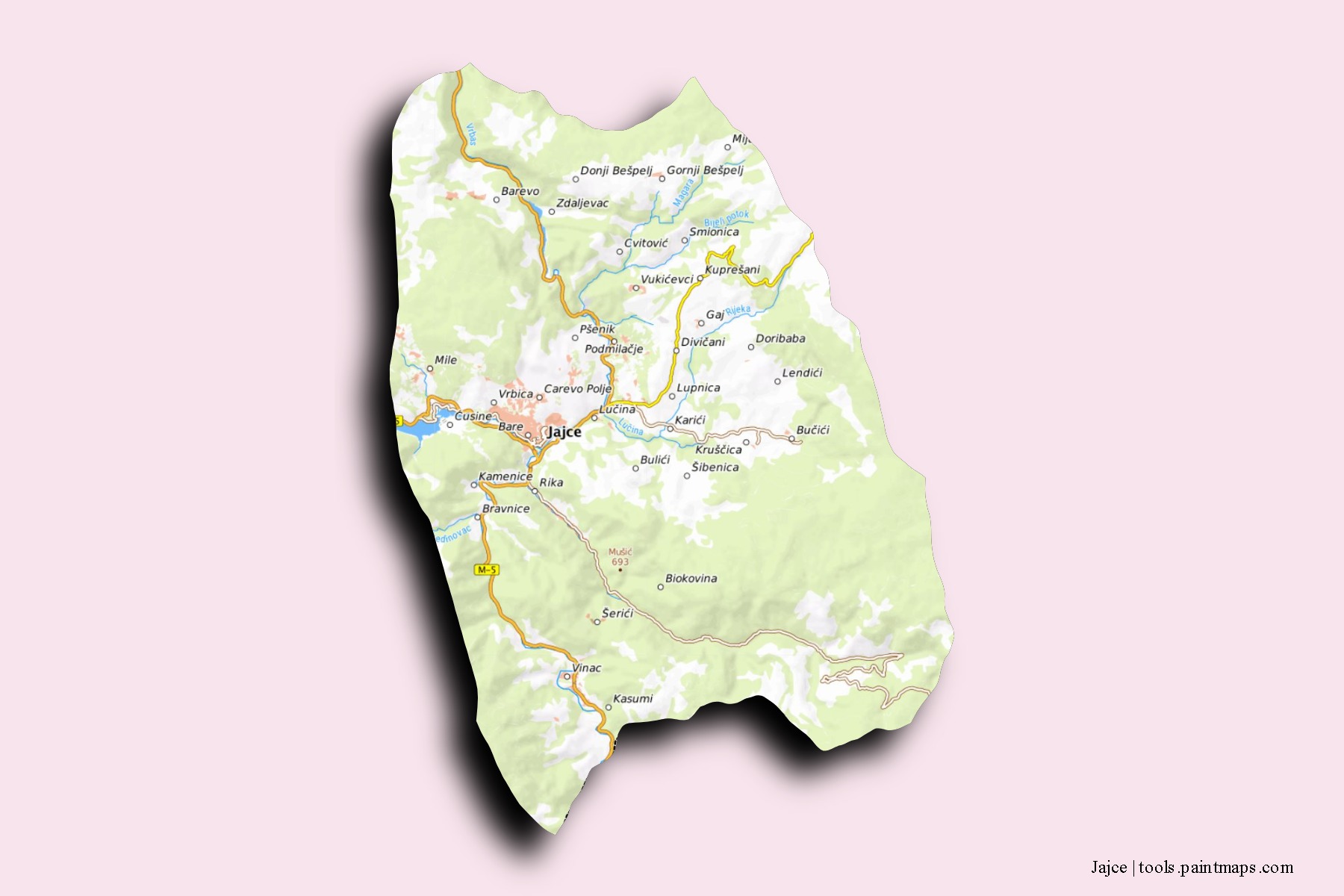 Jajce neighborhoods and villages map with 3D shadow effect