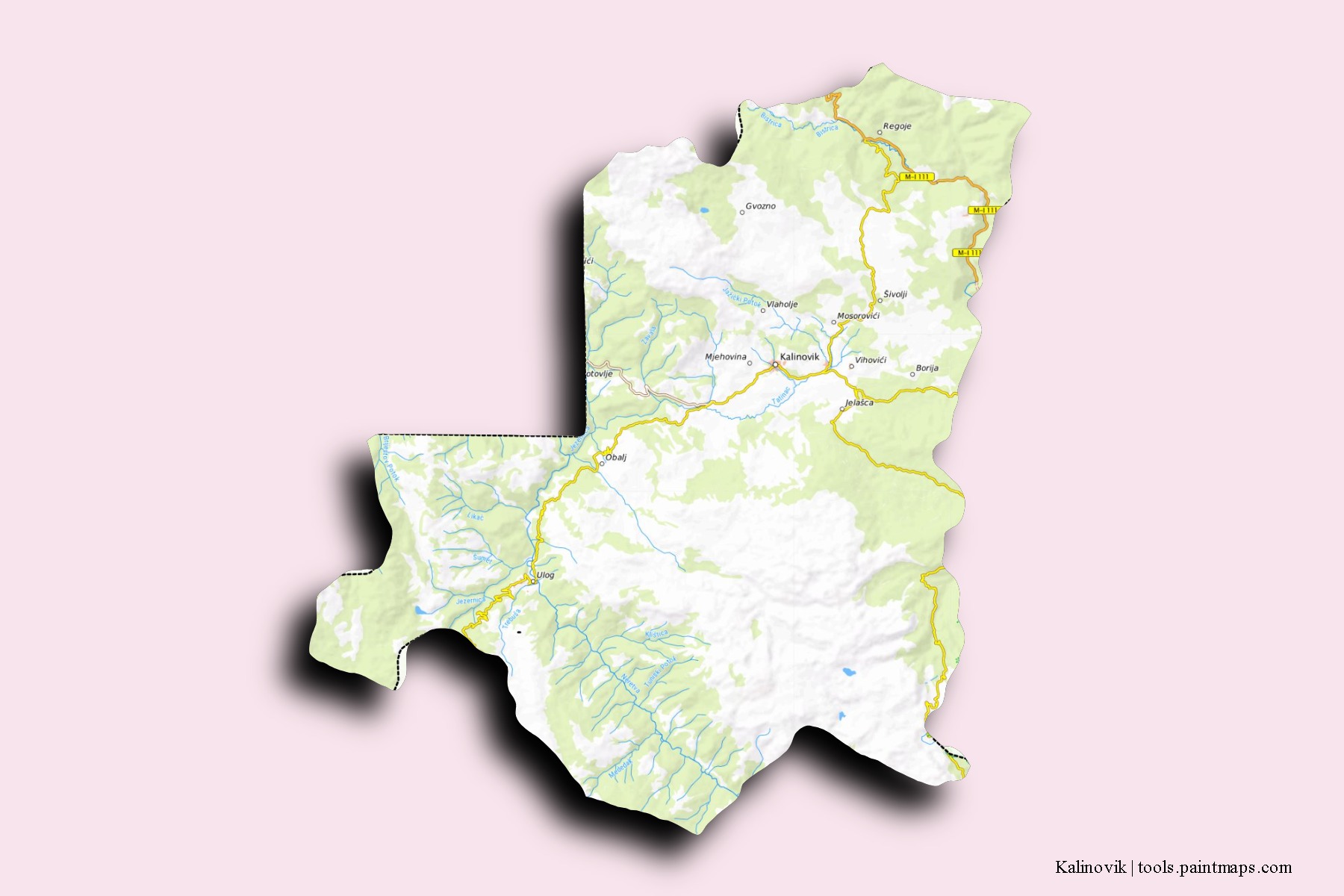 Mapa de barrios y pueblos de Kalinovik con efecto de sombra 3D