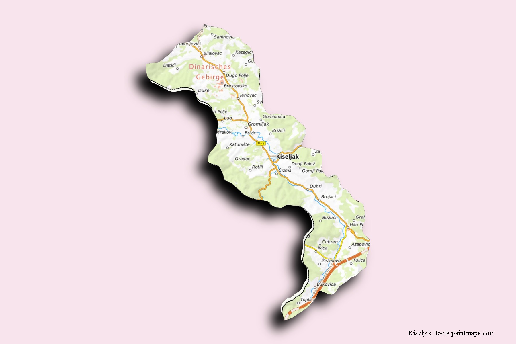 Mapa de barrios y pueblos de Kiseljak con efecto de sombra 3D