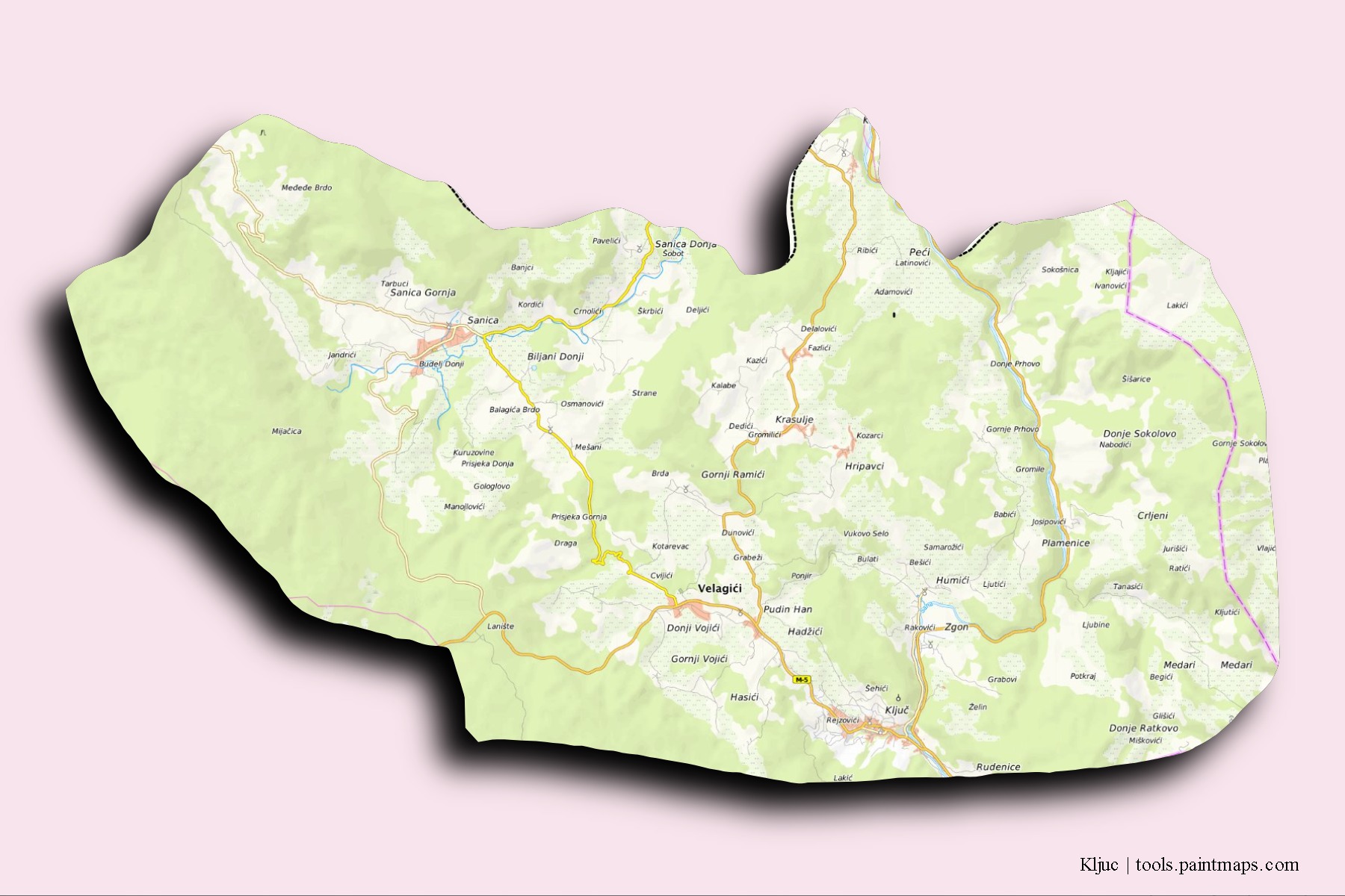 Kljuc neighborhoods and villages map with 3D shadow effect