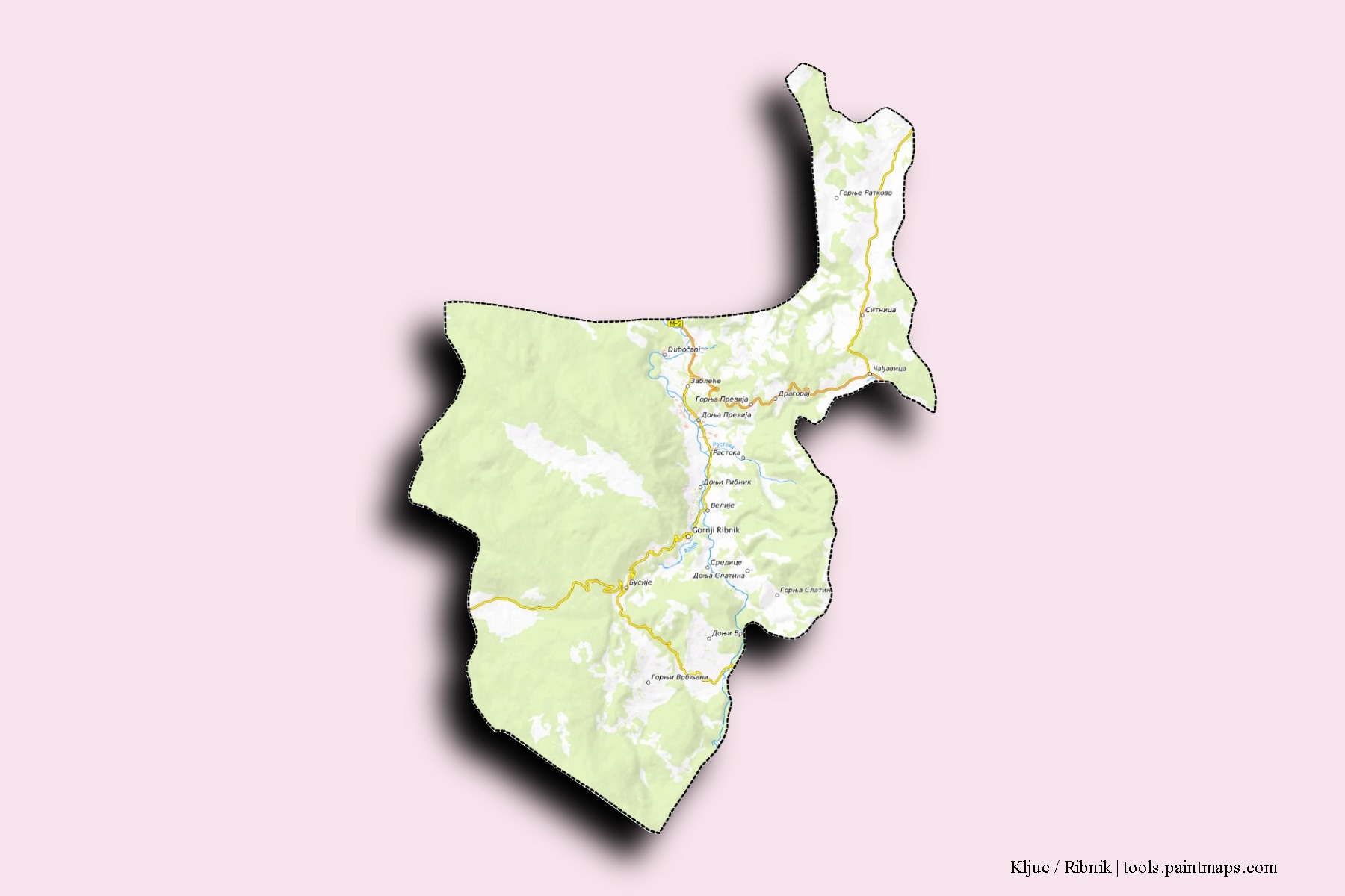 Mapa de barrios y pueblos de Kljuc / Ribnik con efecto de sombra 3D