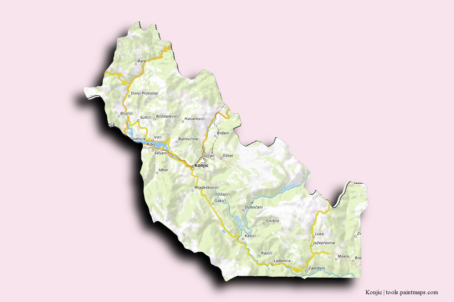 Mapa de barrios y pueblos de Konjic con efecto de sombra 3D