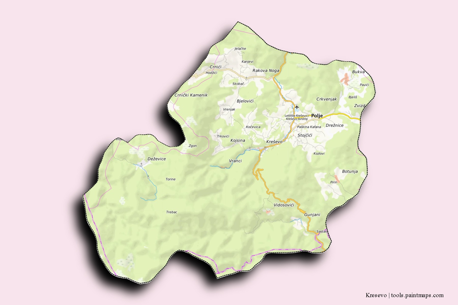 Mapa de barrios y pueblos de Kresevo con efecto de sombra 3D