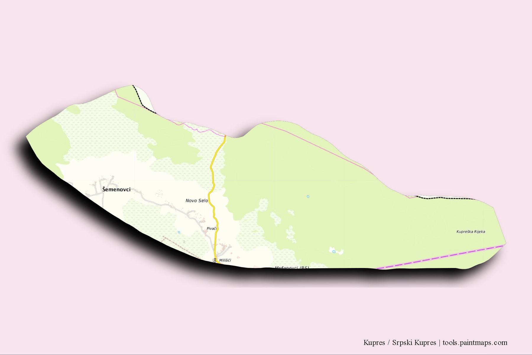 Mapa de barrios y pueblos de Kupres / Srpski Kupres con efecto de sombra 3D