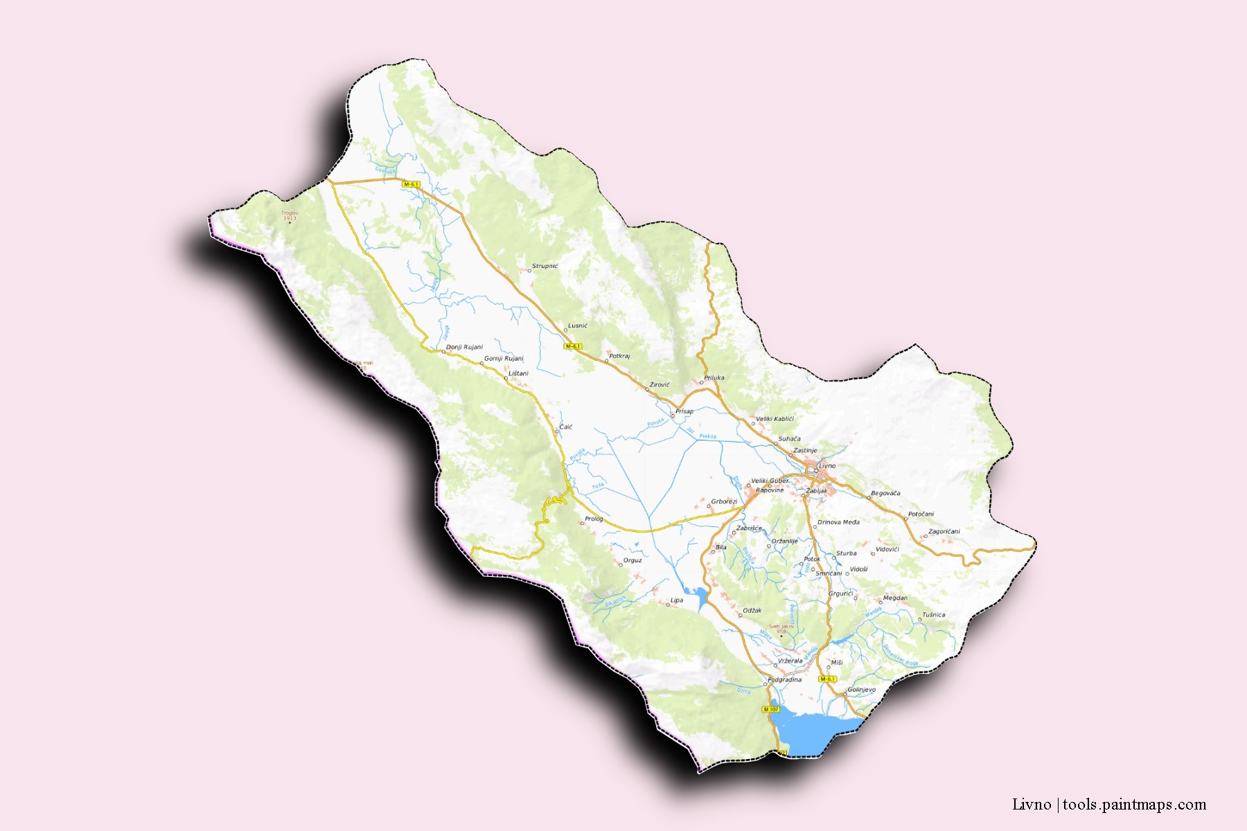 Livno neighborhoods and villages map with 3D shadow effect