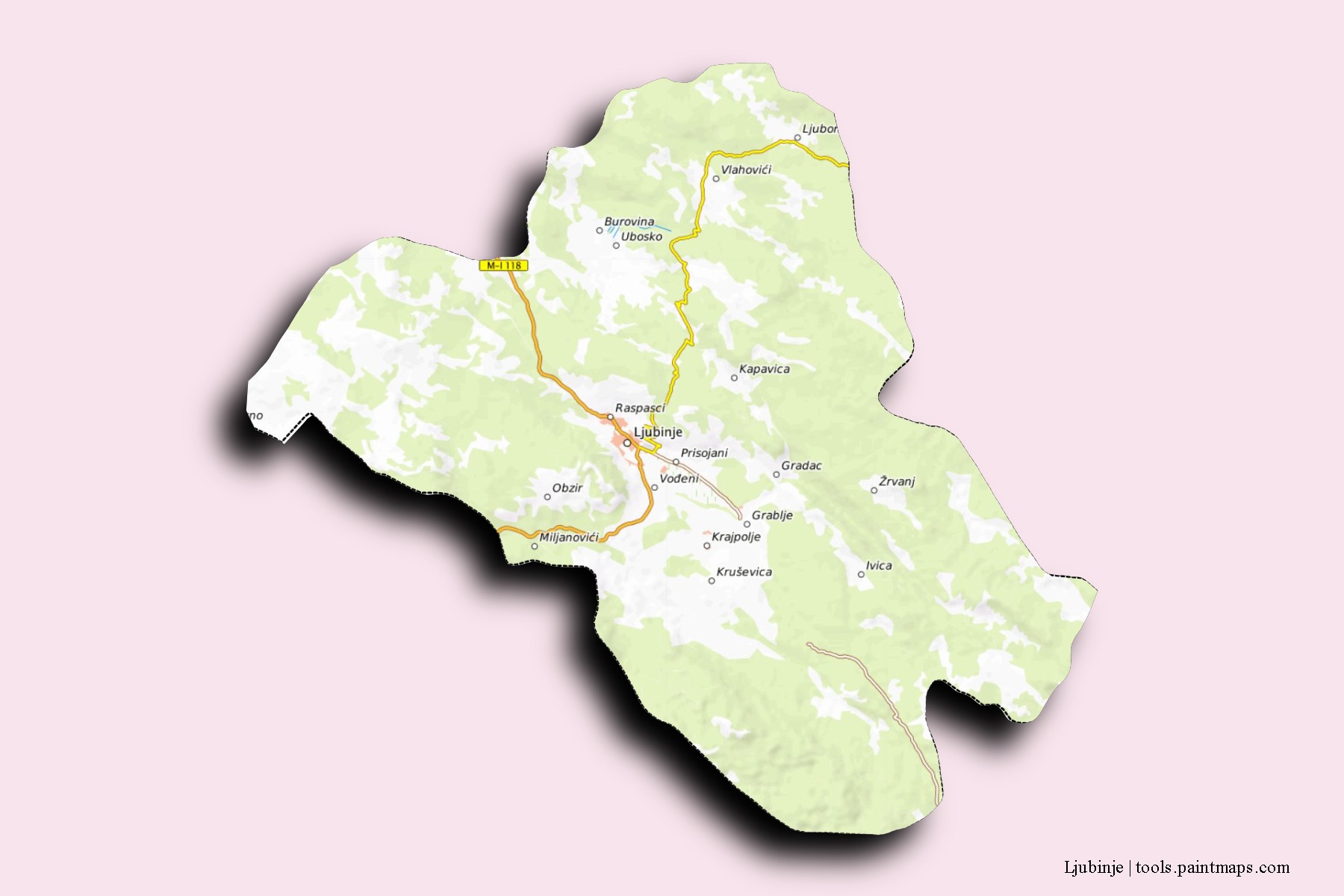 Mapa de barrios y pueblos de Ljubinje con efecto de sombra 3D