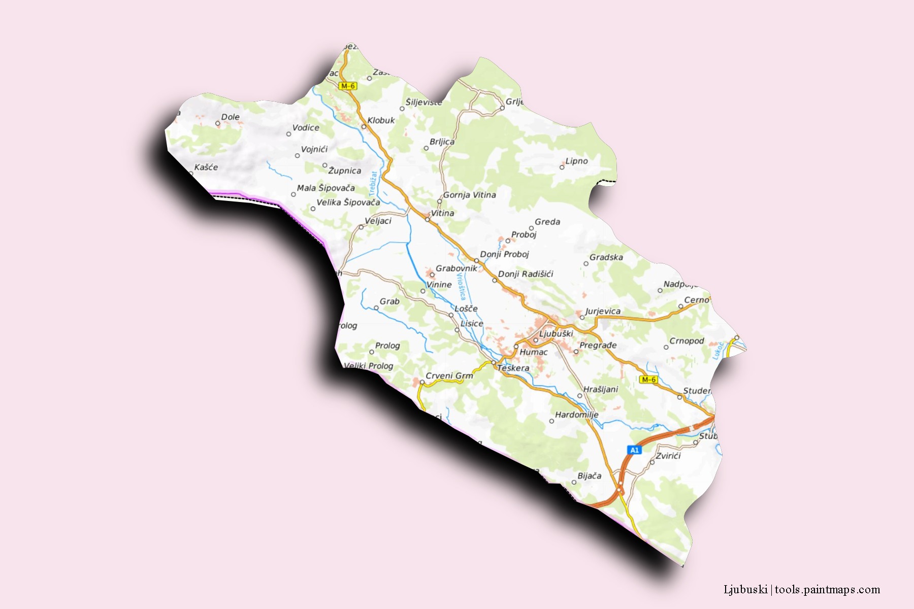 Mapa de barrios y pueblos de Ljubuski con efecto de sombra 3D