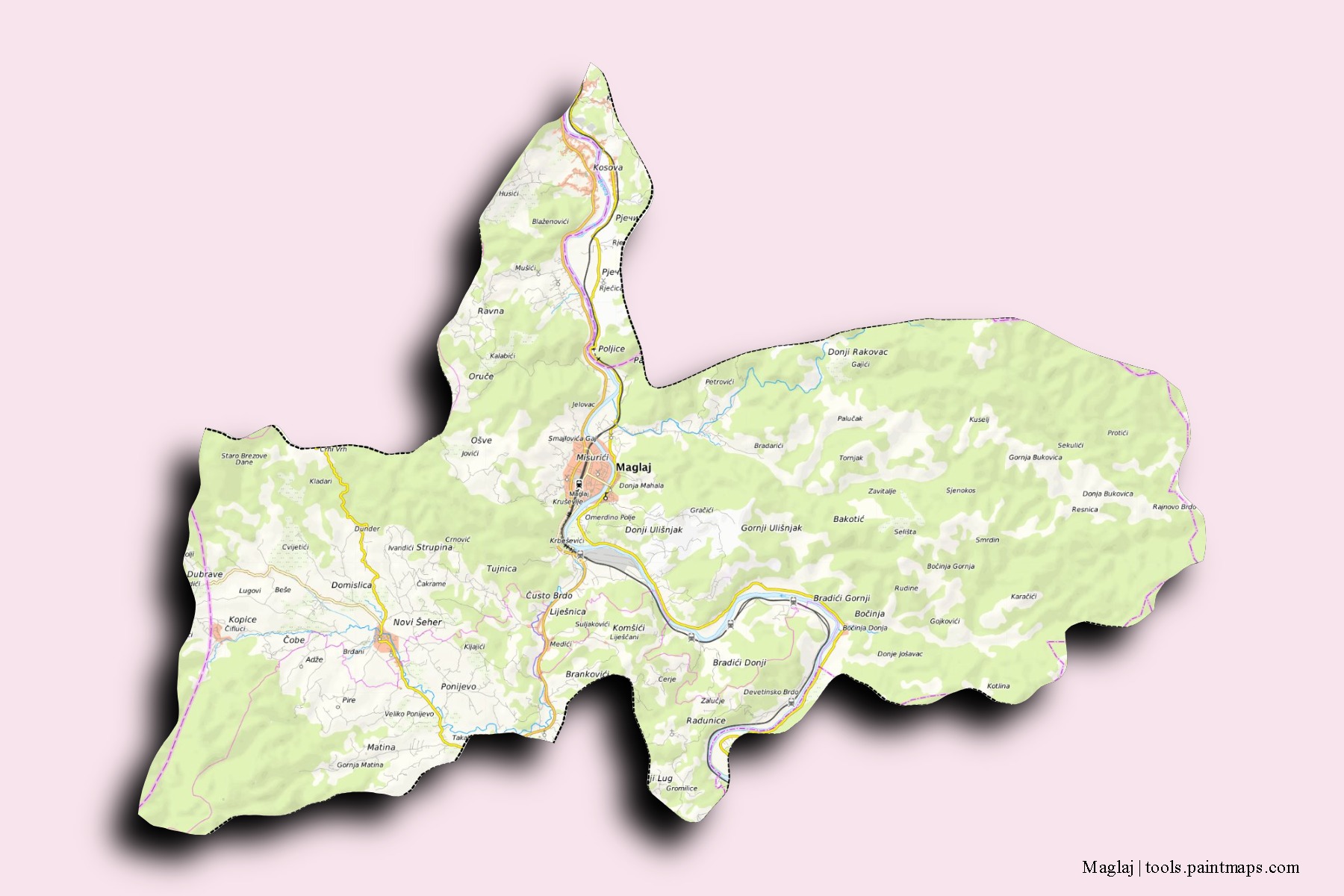 Maglaj neighborhoods and villages map with 3D shadow effect