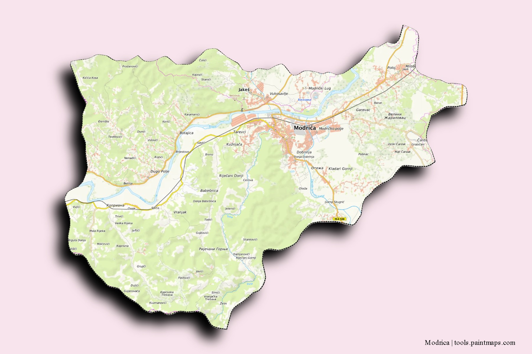 Mapa de barrios y pueblos de Modrica con efecto de sombra 3D