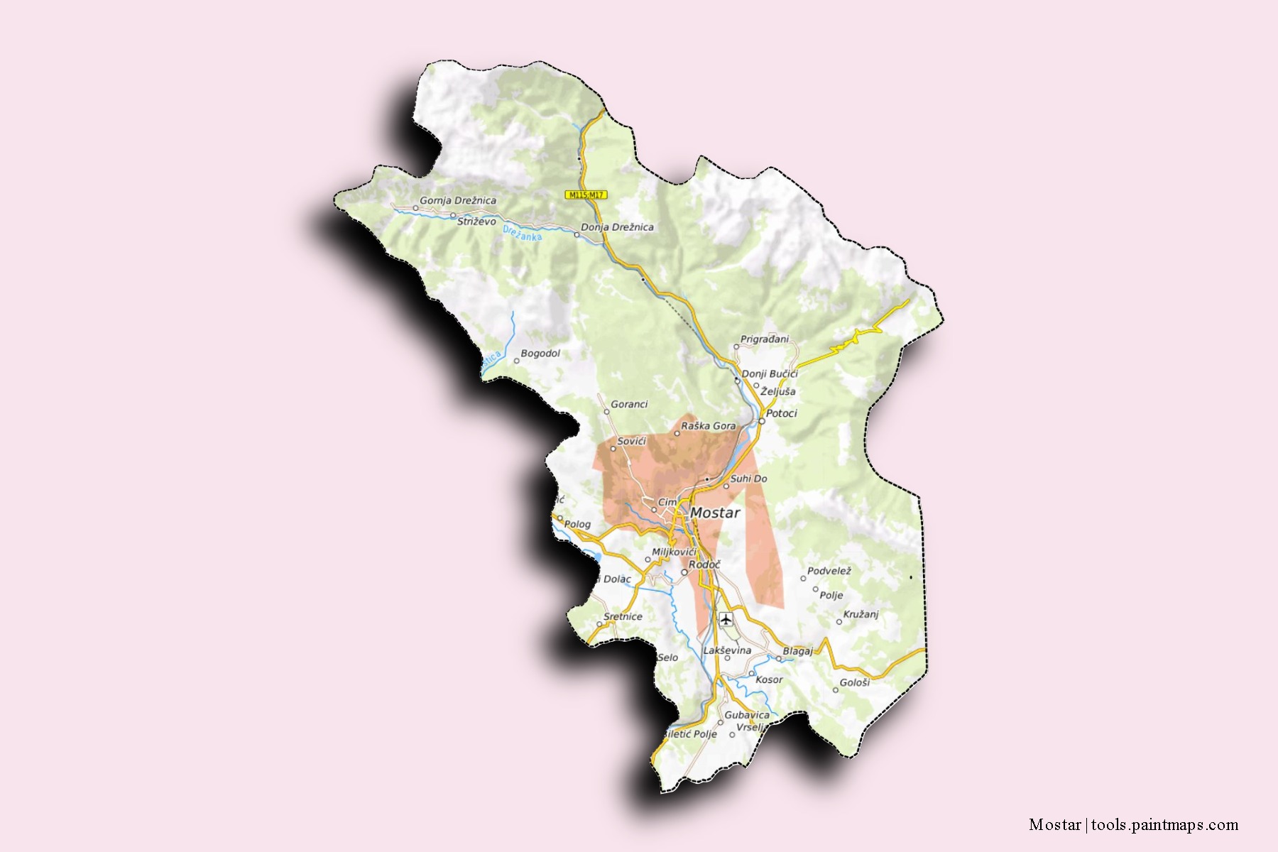 Mapa de barrios y pueblos de Mostar con efecto de sombra 3D