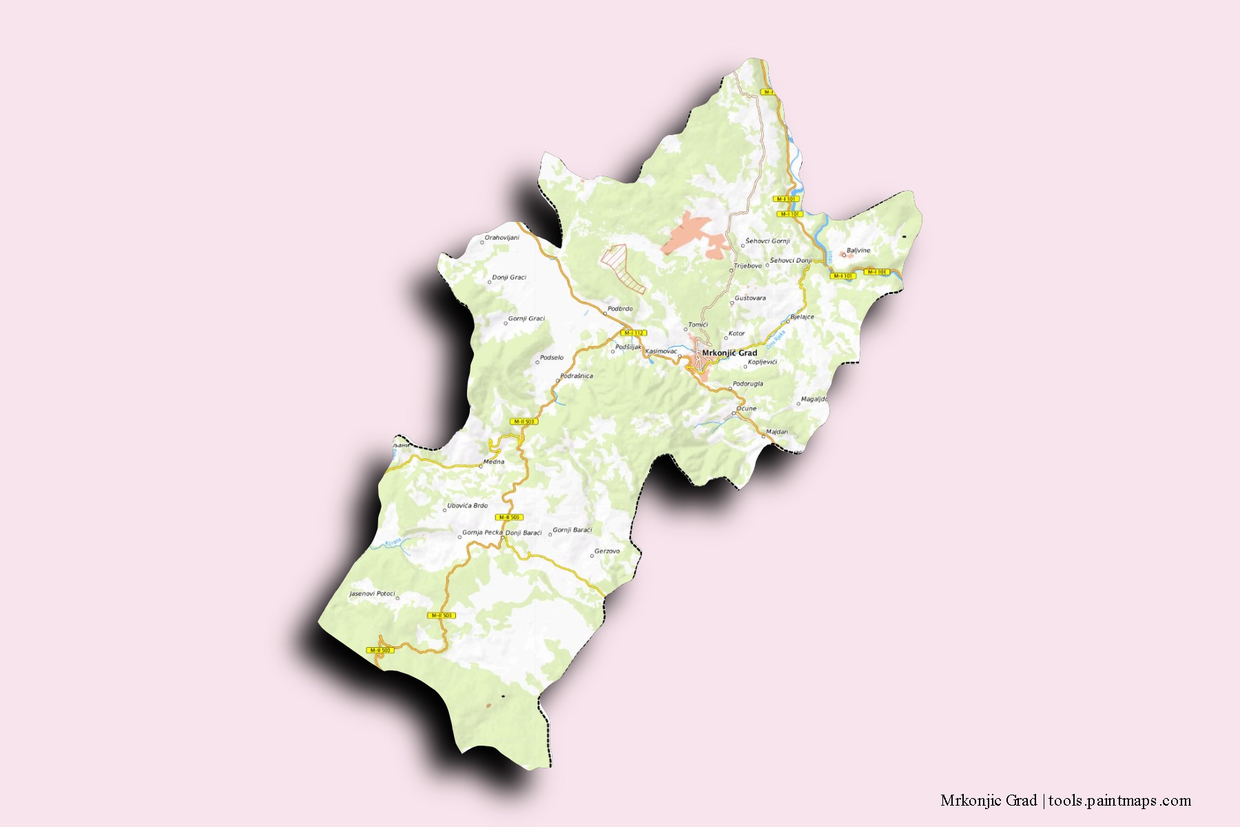 Mapa de barrios y pueblos de Mrkonjic Grad con efecto de sombra 3D