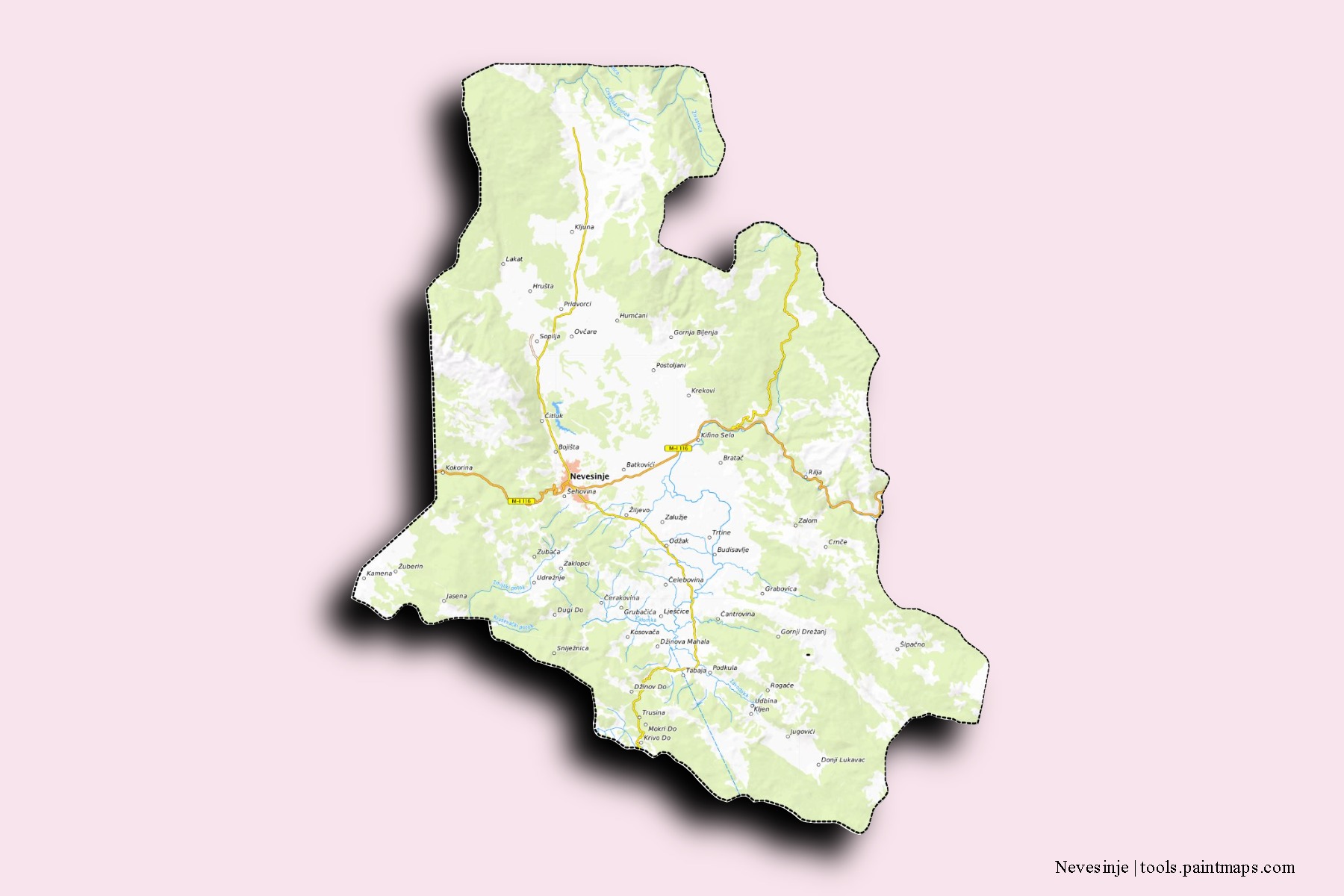 Mapa de barrios y pueblos de Nevesinje con efecto de sombra 3D