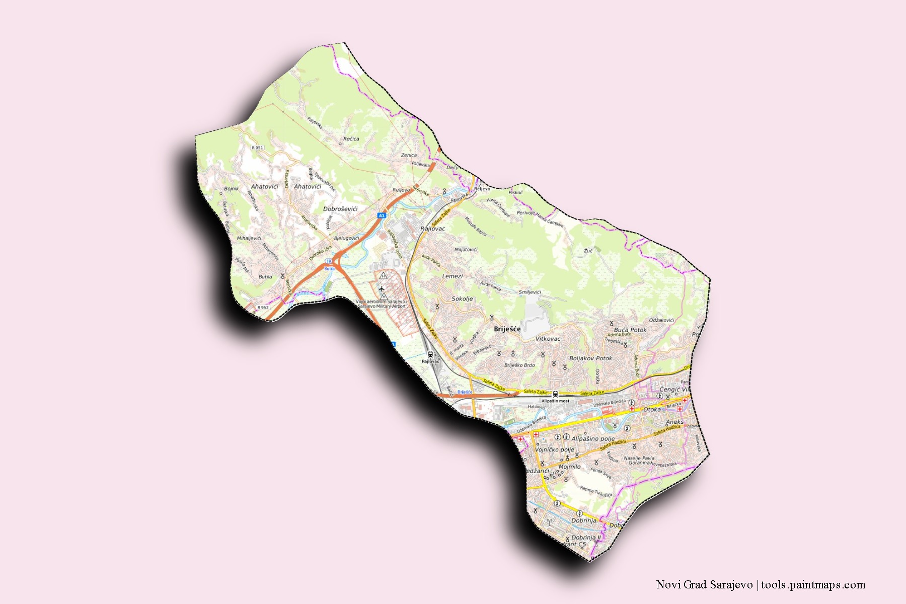 Novi Grad Sarajevo neighborhoods and villages map with 3D shadow effect