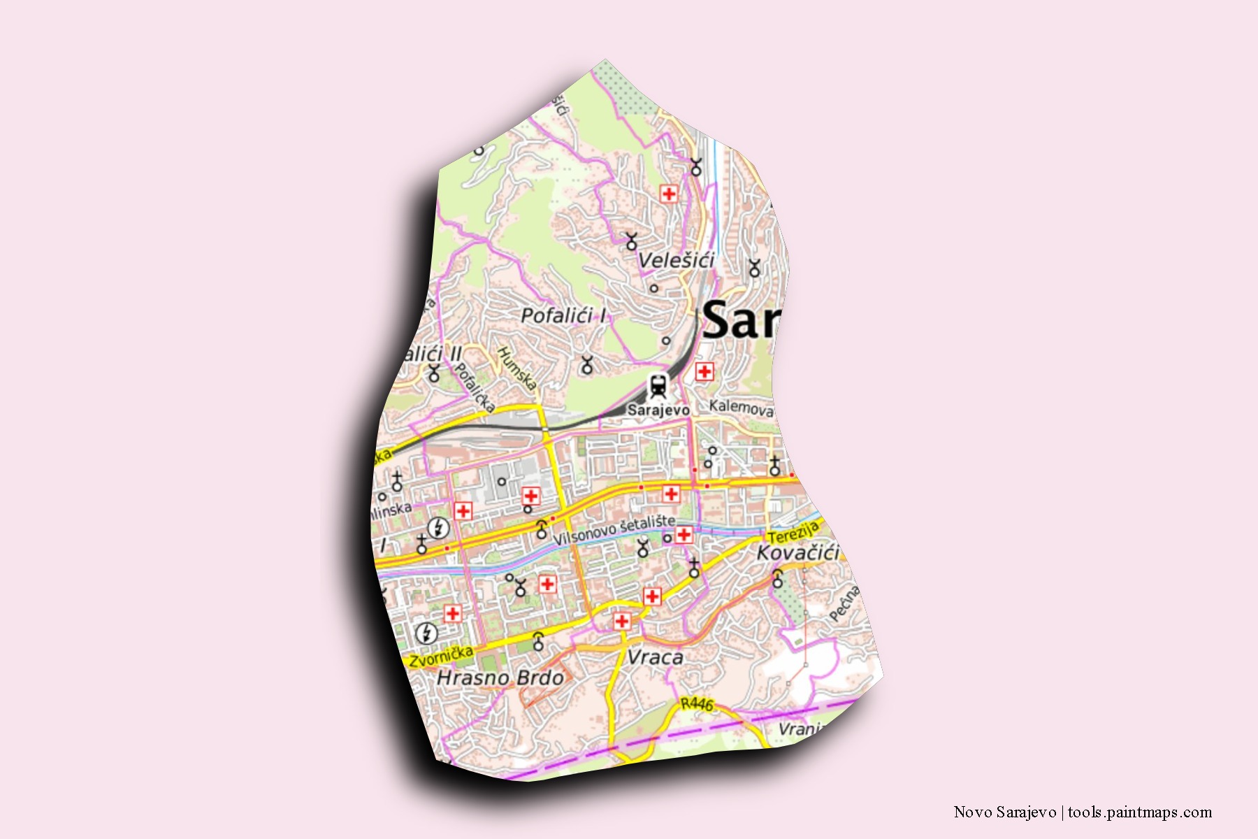 Mapa de barrios y pueblos de Novo Sarajevo con efecto de sombra 3D