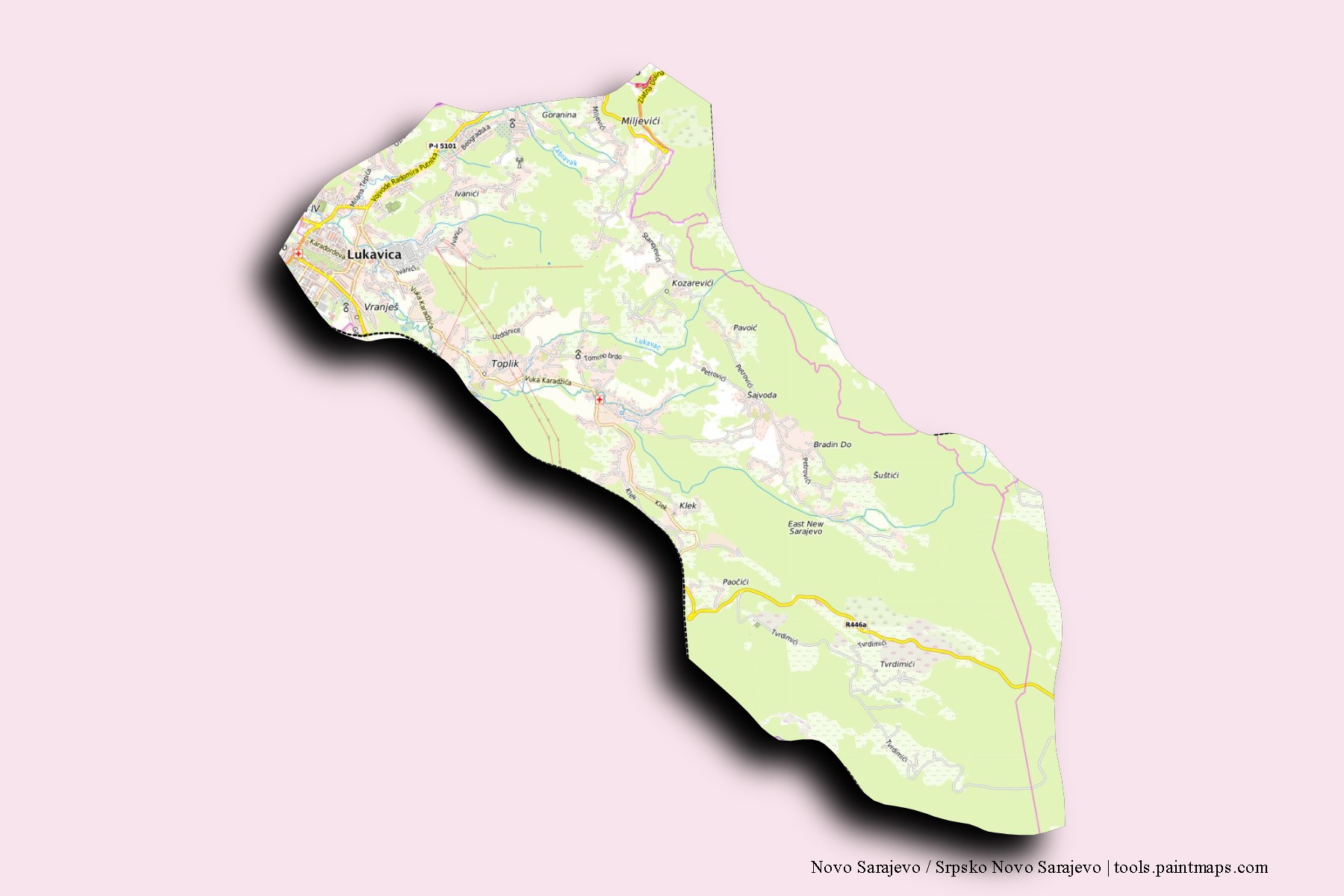 Novo Sarajevo / Srpsko Novo Sarajevo neighborhoods and villages map with 3D shadow effect