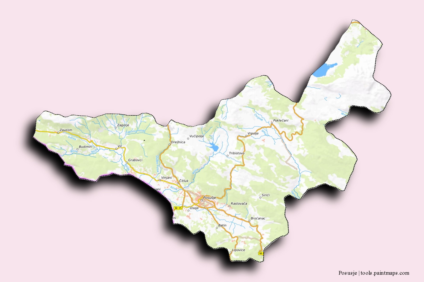 Mapa de barrios y pueblos de Posusje con efecto de sombra 3D