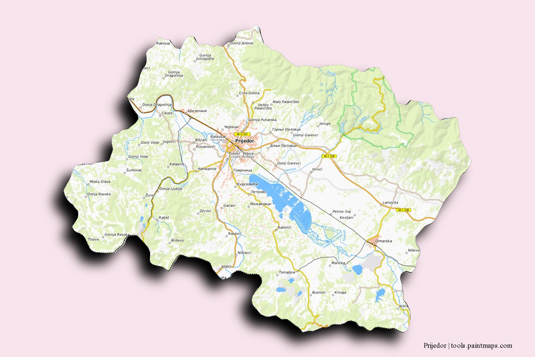 Mapa de barrios y pueblos de Prijedor con efecto de sombra 3D