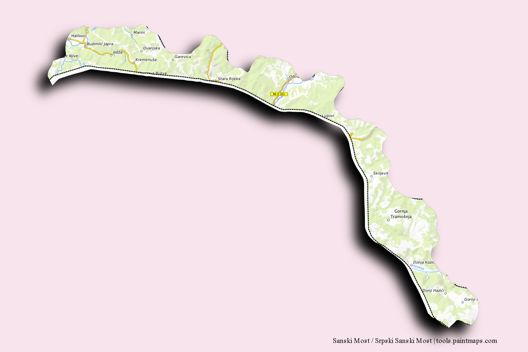 3D gölge efektli Sanski Most / Srpski Sanski Most mahalleleri ve köyleri haritası