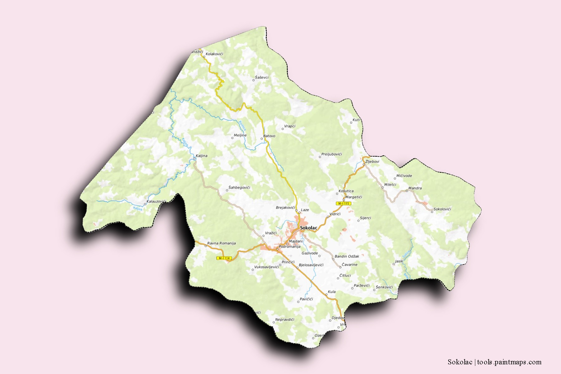 Sokolac neighborhoods and villages map with 3D shadow effect