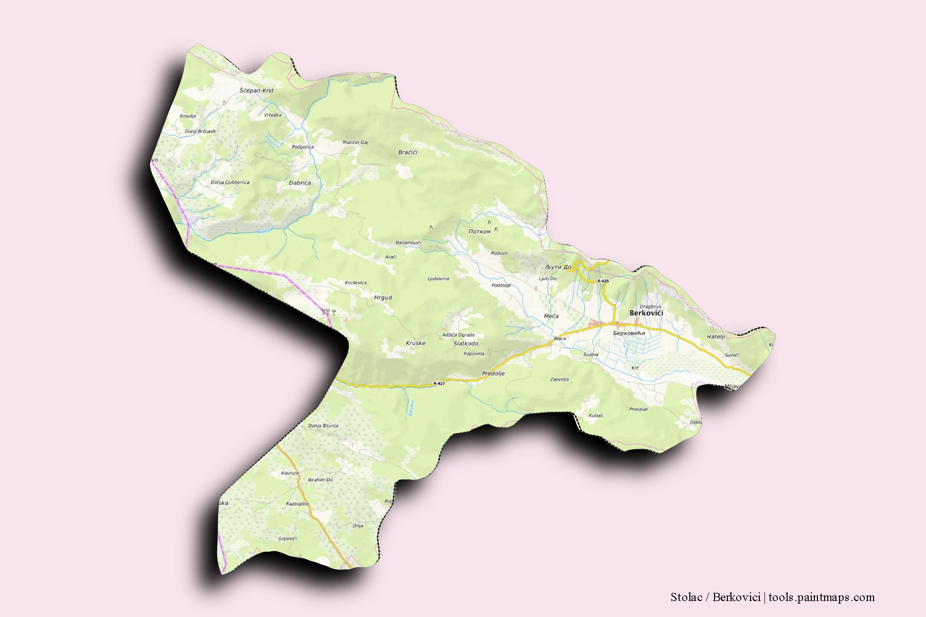 3D gölge efektli Stolac / Berkovici mahalleleri ve köyleri haritası