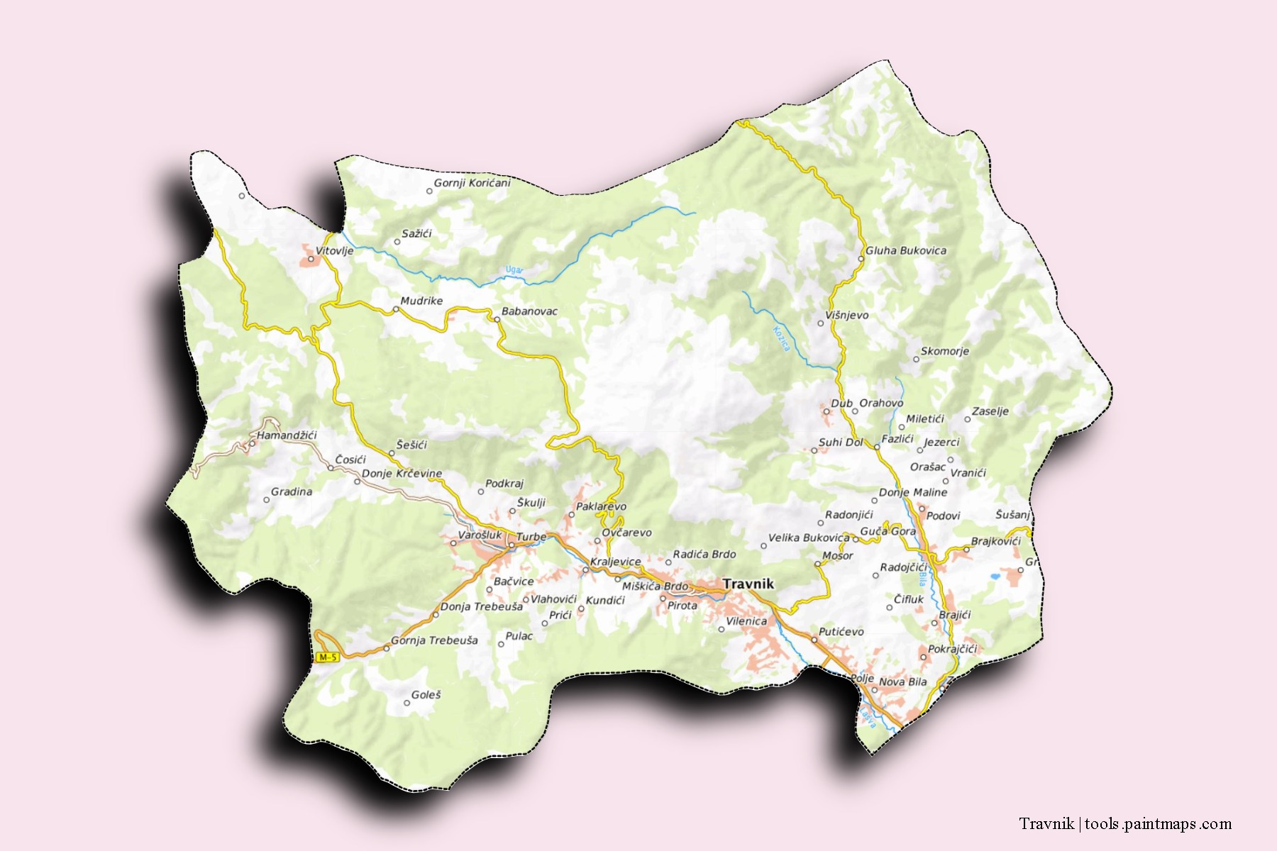 3D gölge efektli Travnik mahalleleri ve köyleri haritası