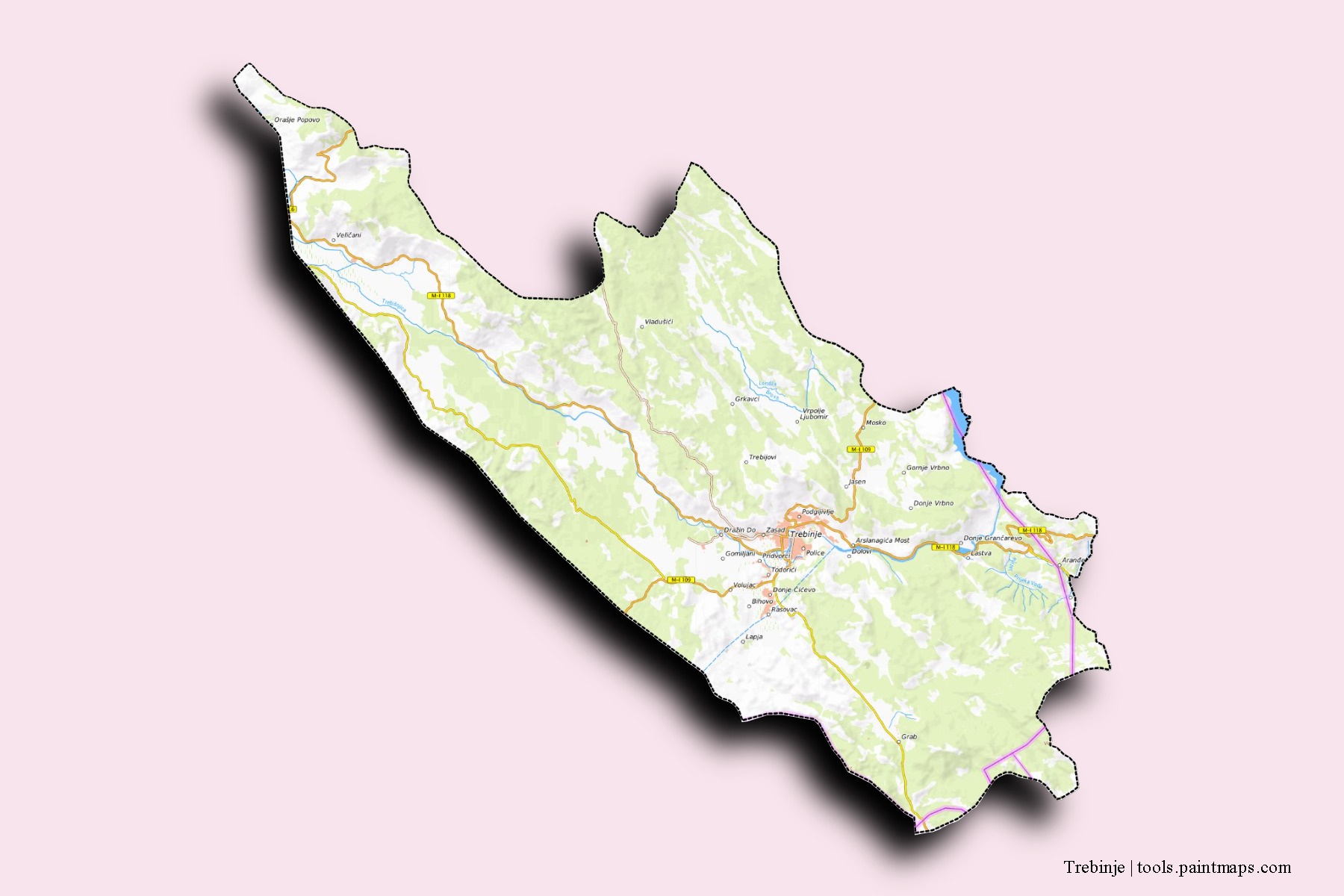 Trebinje neighborhoods and villages map with 3D shadow effect