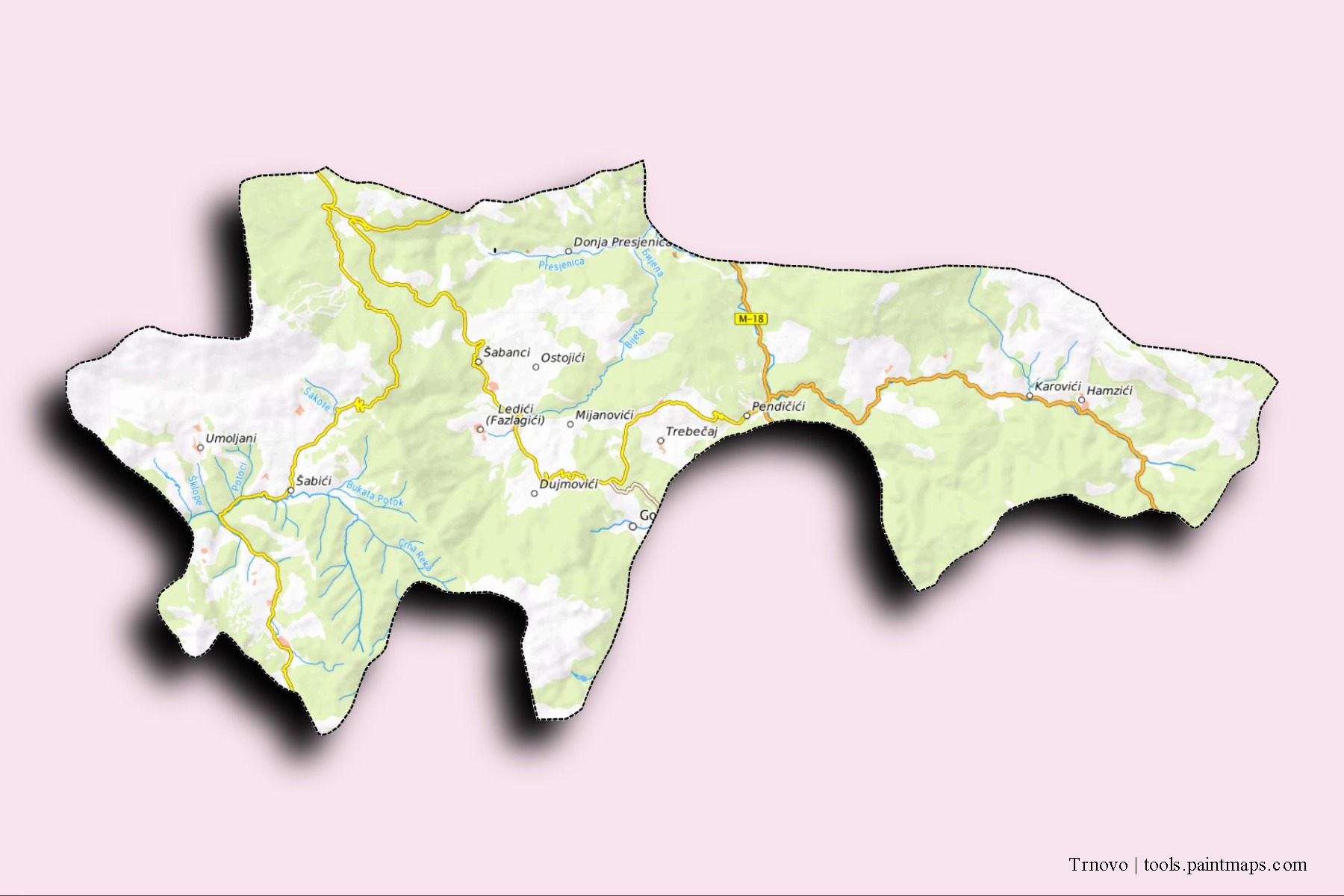 Trnovo neighborhoods and villages map with 3D shadow effect