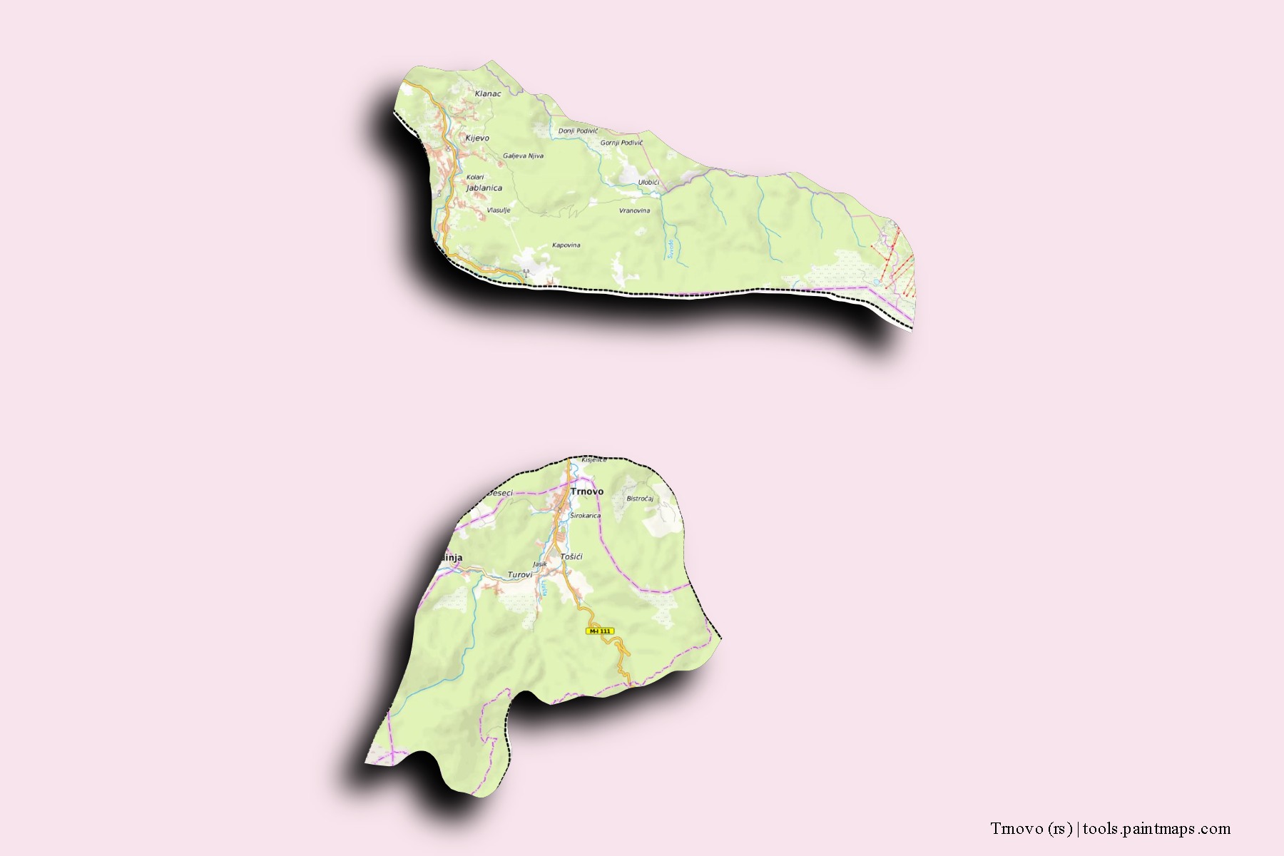 Trnovo neighborhoods and villages map with 3D shadow effect