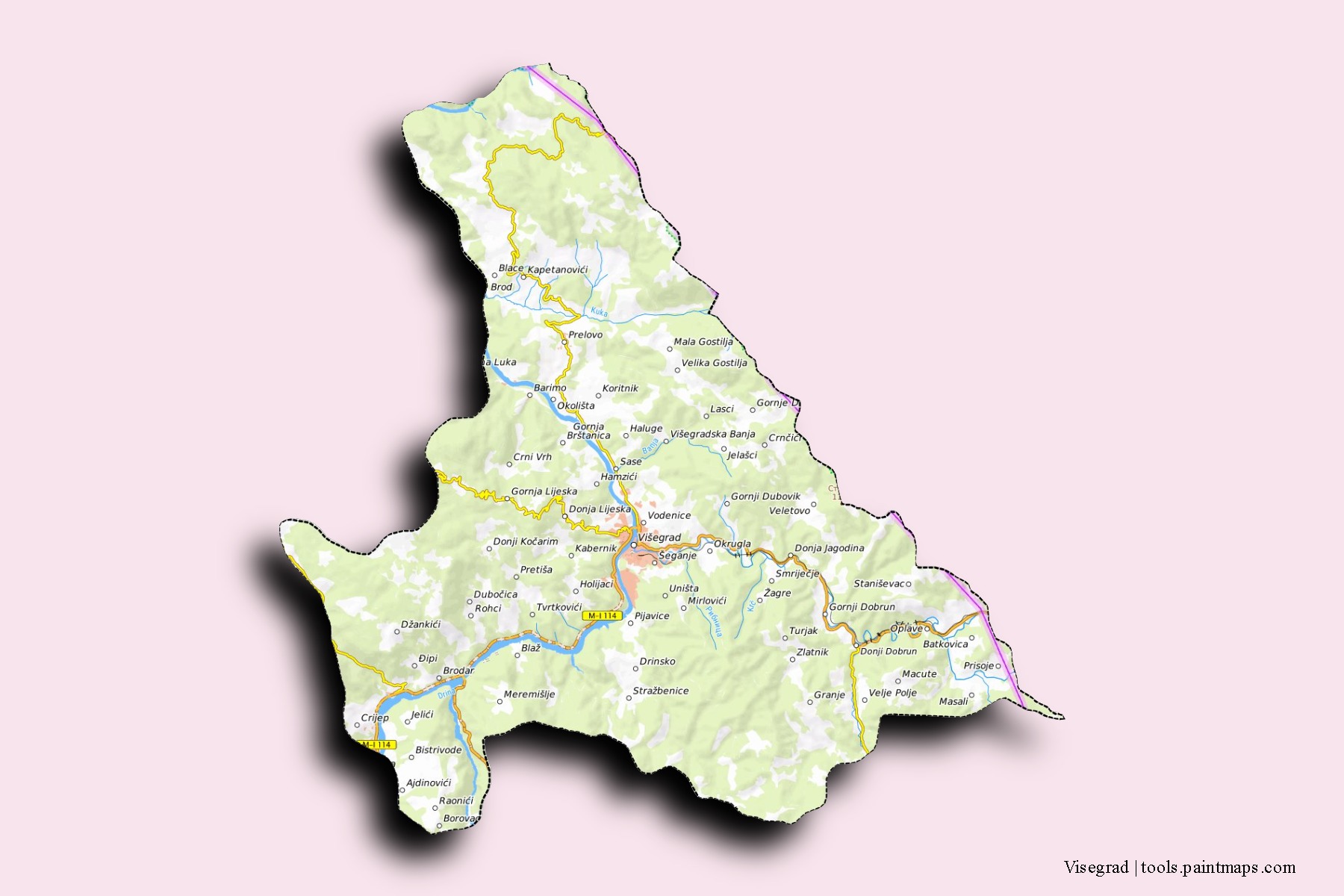 Visegrad neighborhoods and villages map with 3D shadow effect