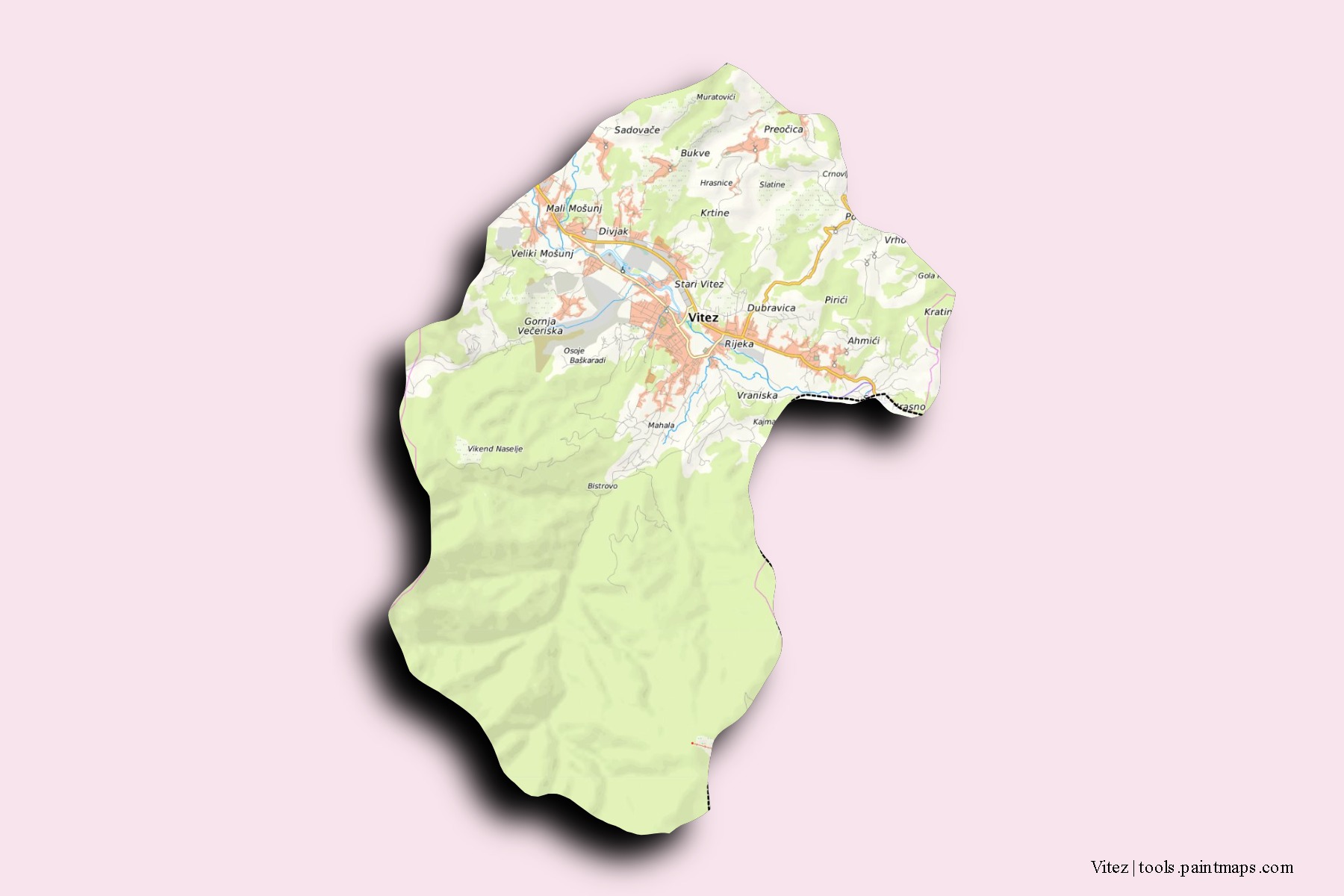 Vitez neighborhoods and villages map with 3D shadow effect