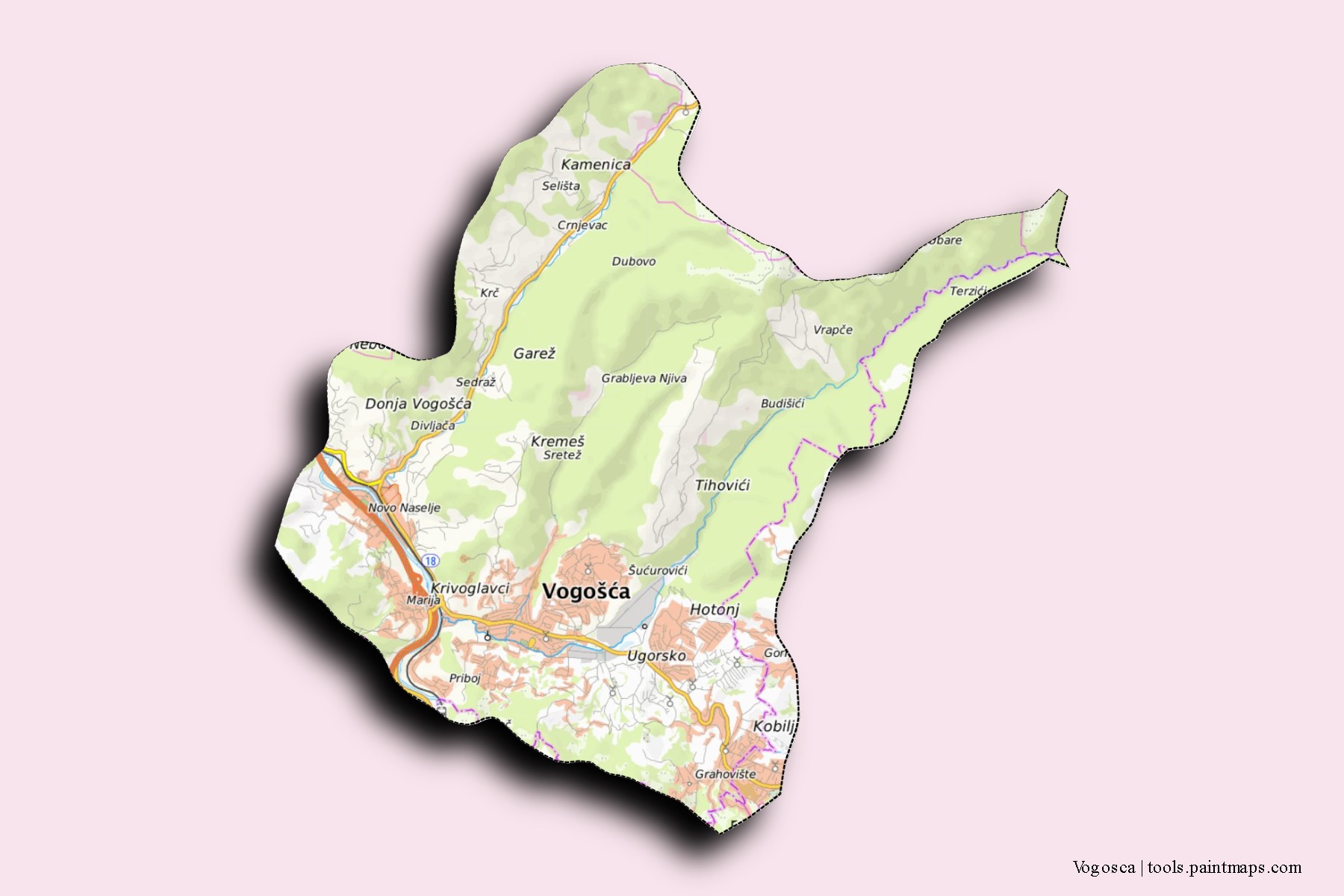 3D gölge efektli Vogosca mahalleleri ve köyleri haritası