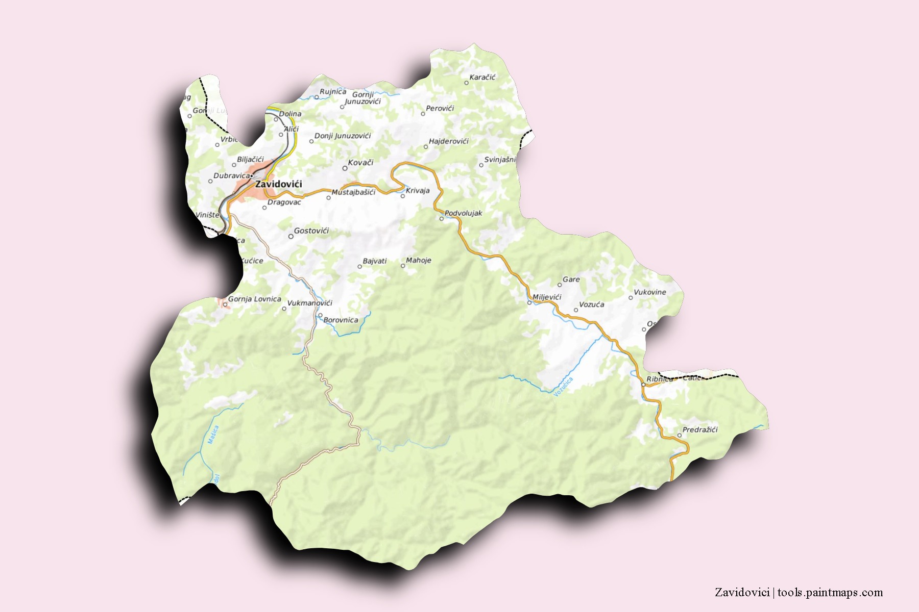 Mapa de barrios y pueblos de Zavidovici con efecto de sombra 3D