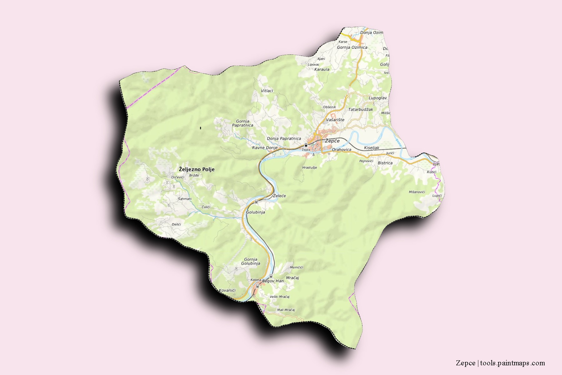 Zepce neighborhoods and villages map with 3D shadow effect