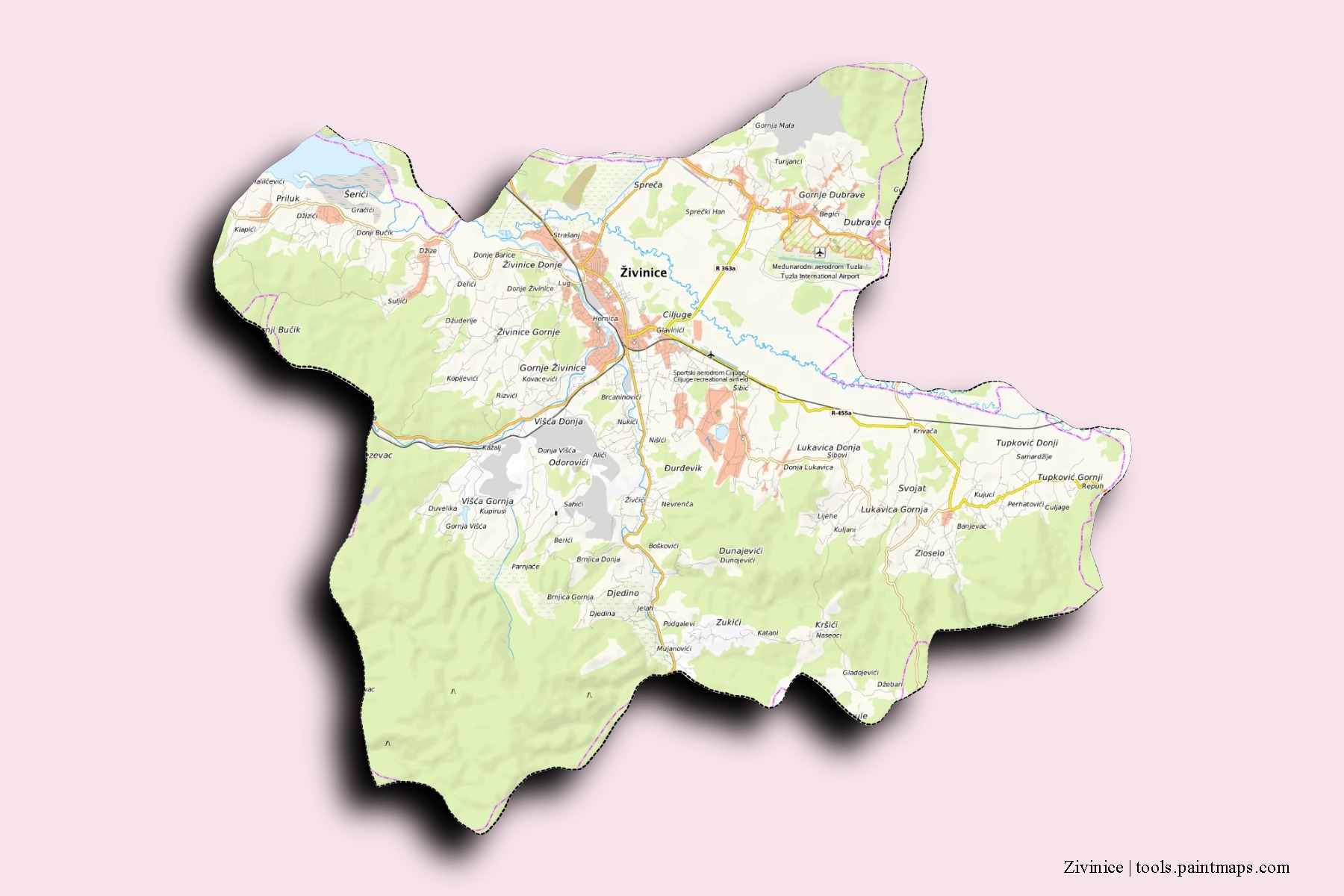 Zivinice neighborhoods and villages map with 3D shadow effect