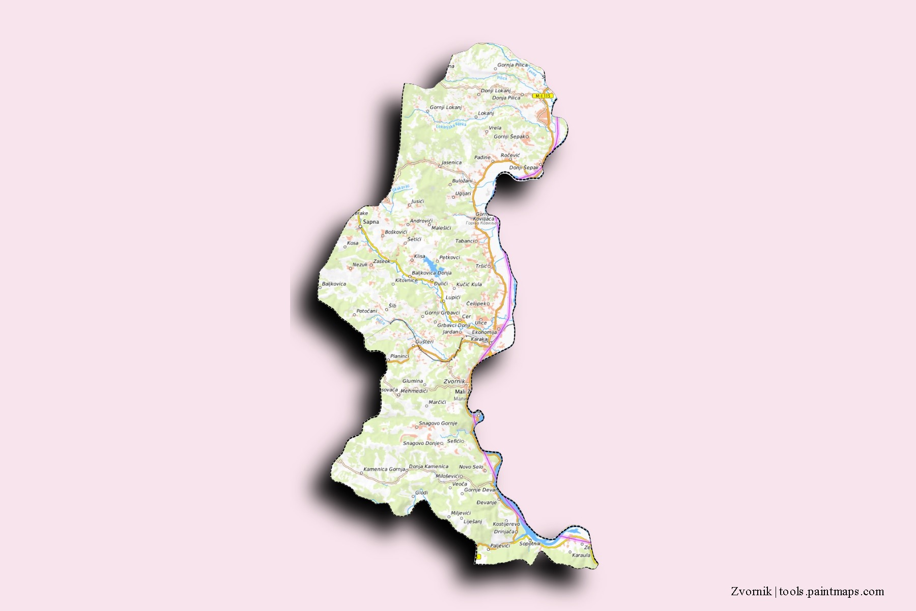 Mapa de barrios y pueblos de Zvornik con efecto de sombra 3D