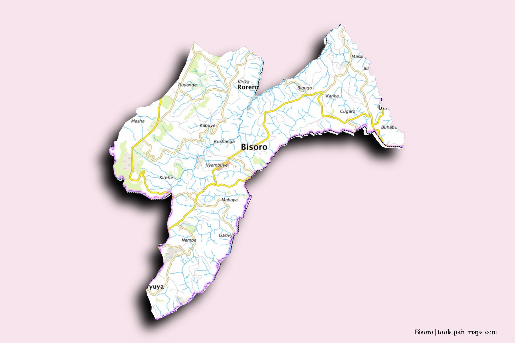 Mapa de barrios y pueblos de Bisoro con efecto de sombra 3D