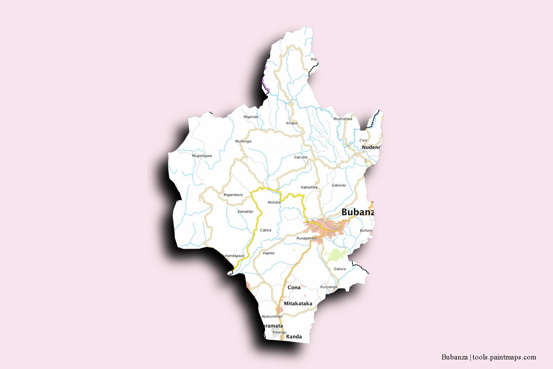 Mapa de barrios y pueblos de Bubanza con efecto de sombra 3D