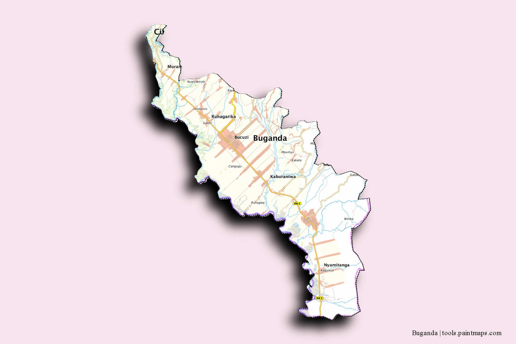 Mapa de barrios y pueblos de Buganda con efecto de sombra 3D