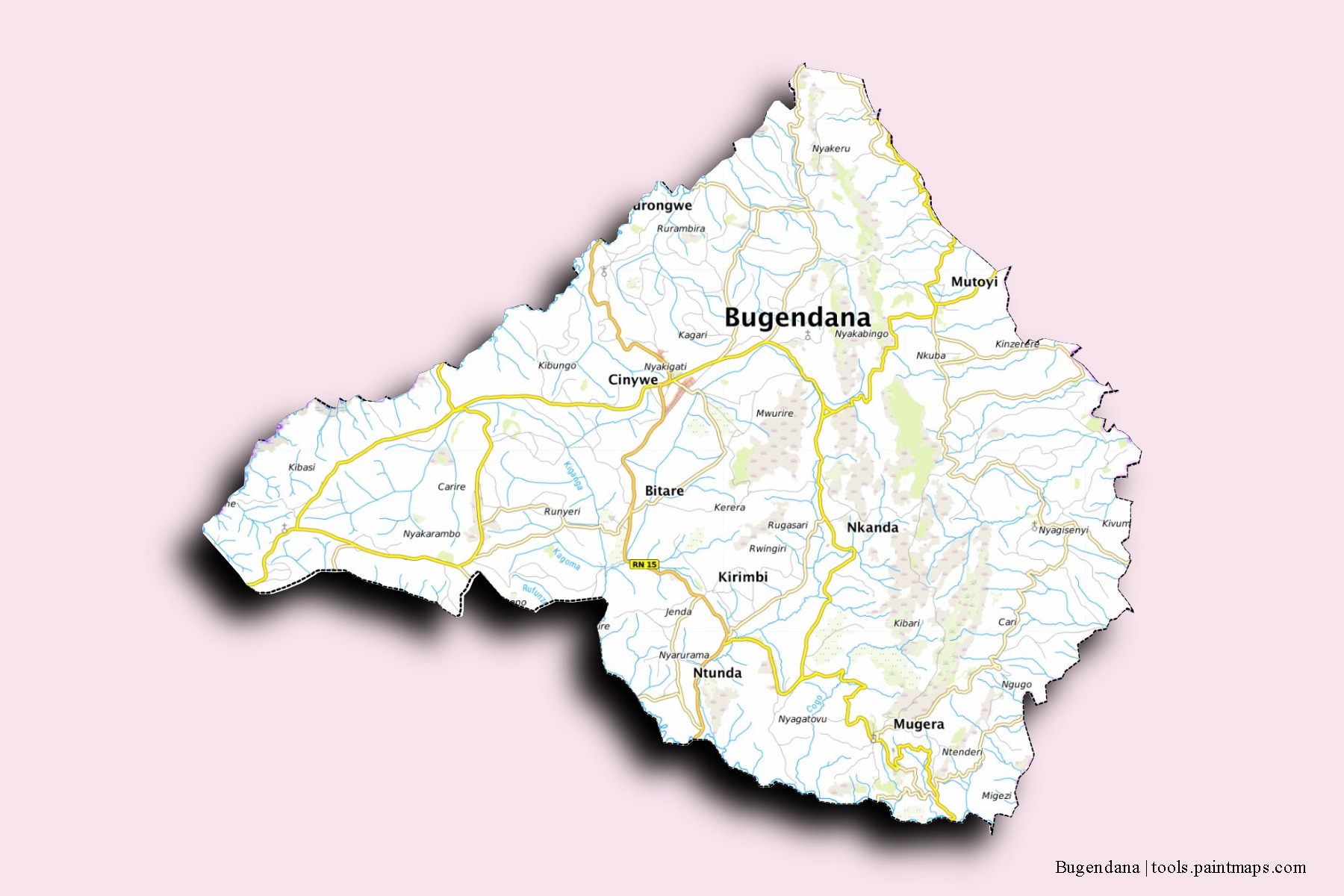 Mapa de barrios y pueblos de Bugendana con efecto de sombra 3D