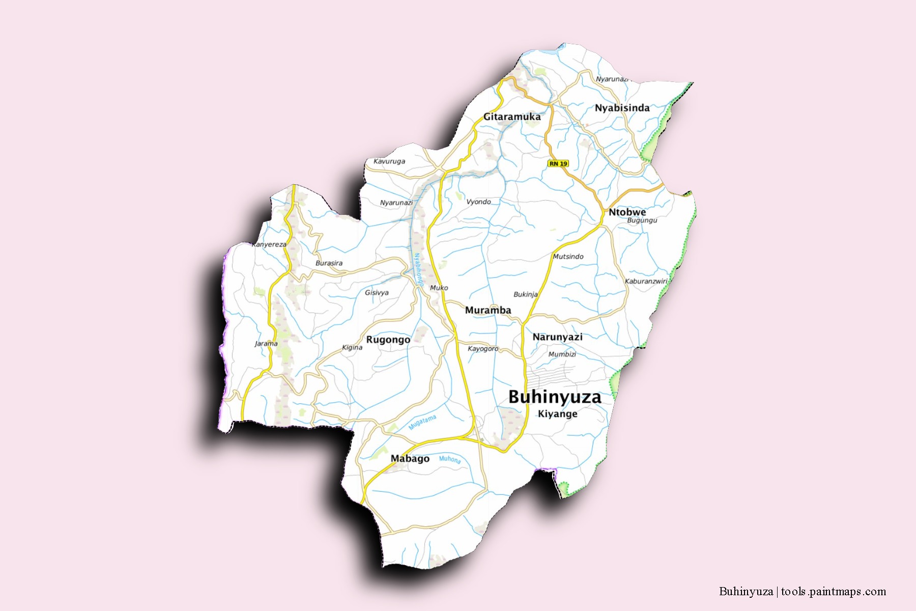 Mapa de barrios y pueblos de Buhinyuza con efecto de sombra 3D