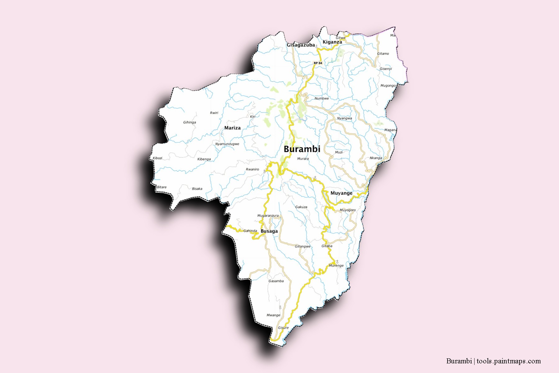 Mapa de barrios y pueblos de Burambi con efecto de sombra 3D